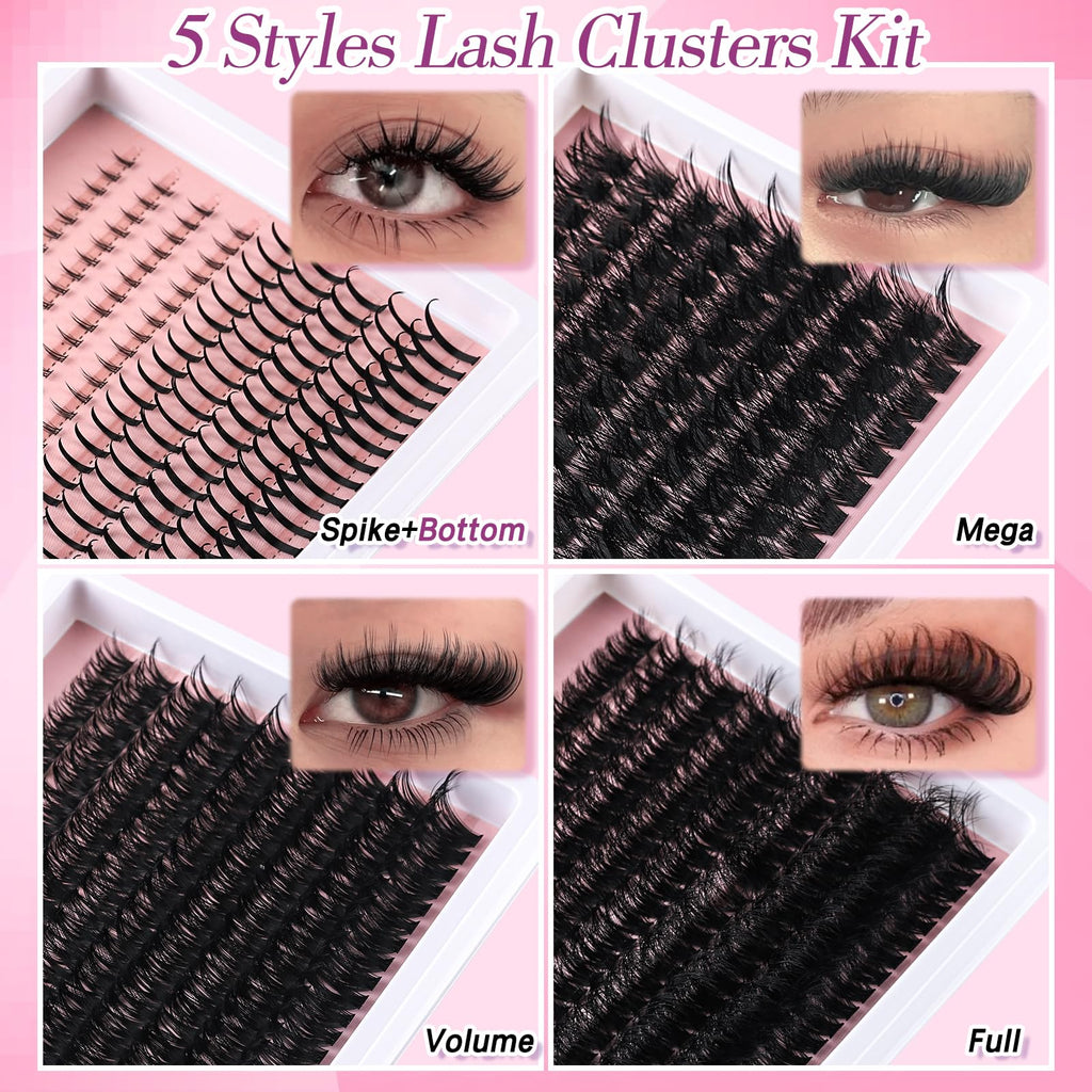 MOWOT 5 Styles Lash Clusters Kit – Mega/Volume/Full/Spike/Bottom Lashes + Bond & Seal