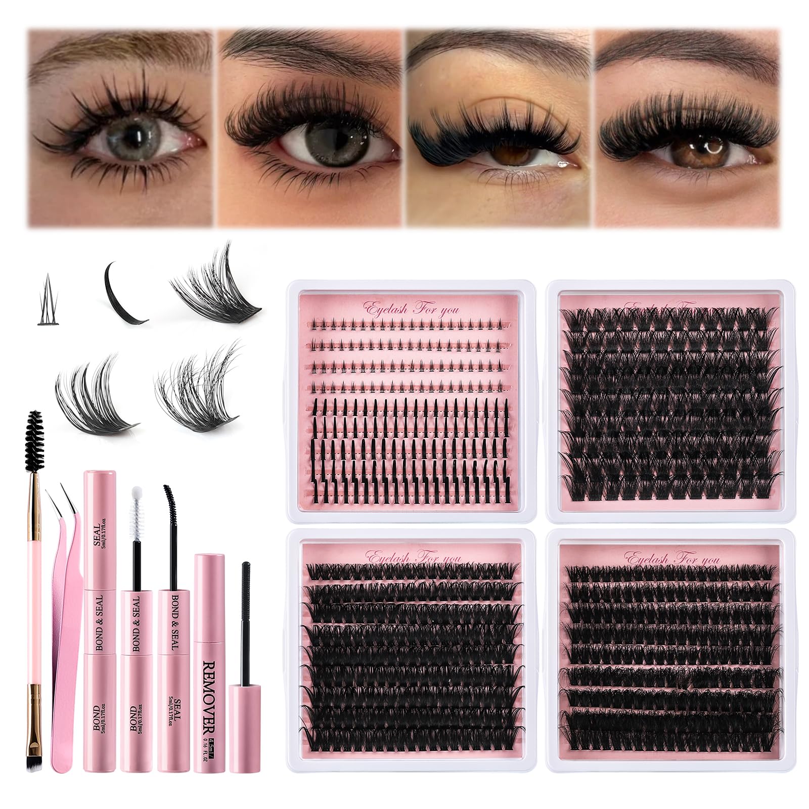 MOWOT 5 Styles Lash Clusters Kit – Mega/Volume/Full/Spike/Bottom Lashes + Bond & Seal