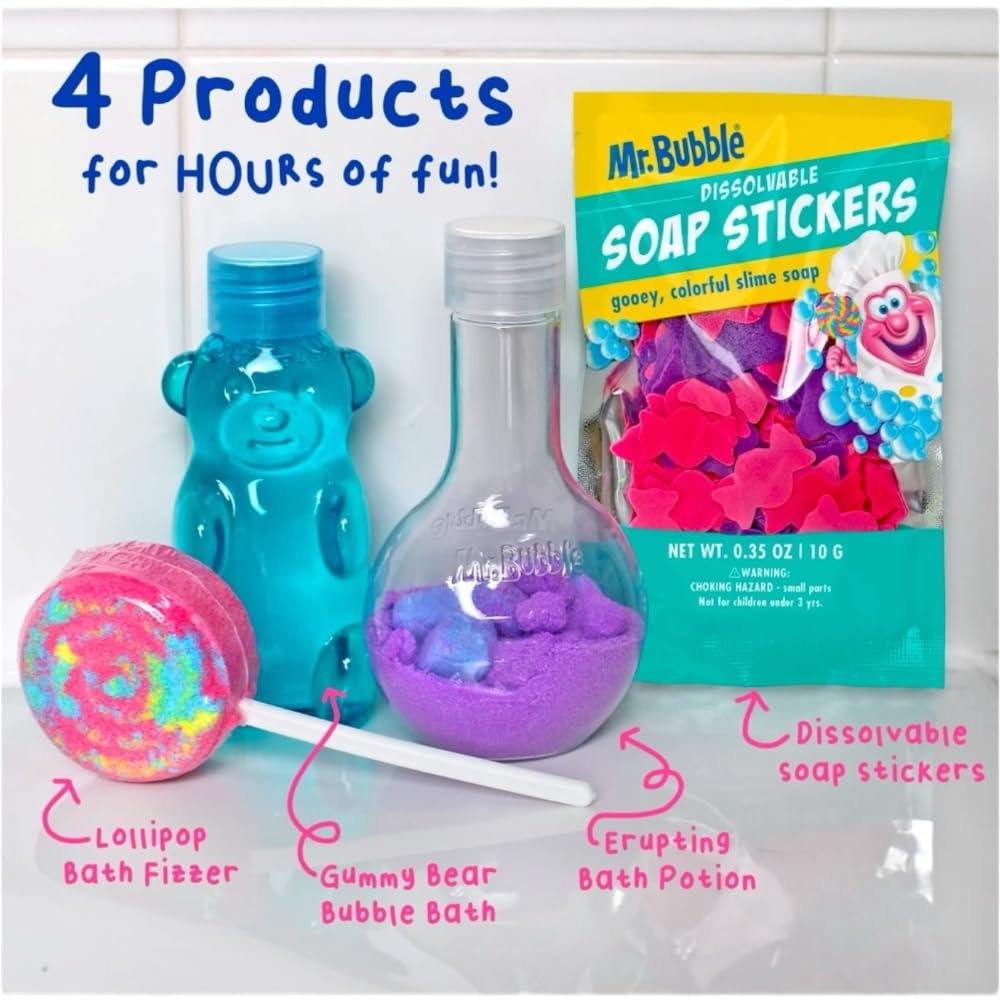 Mr Bubble Sweet Treats Bath Set — Lollipop Fizzer, Gummy Bear Bubble Bath, Bath Potion & Soap Stickers