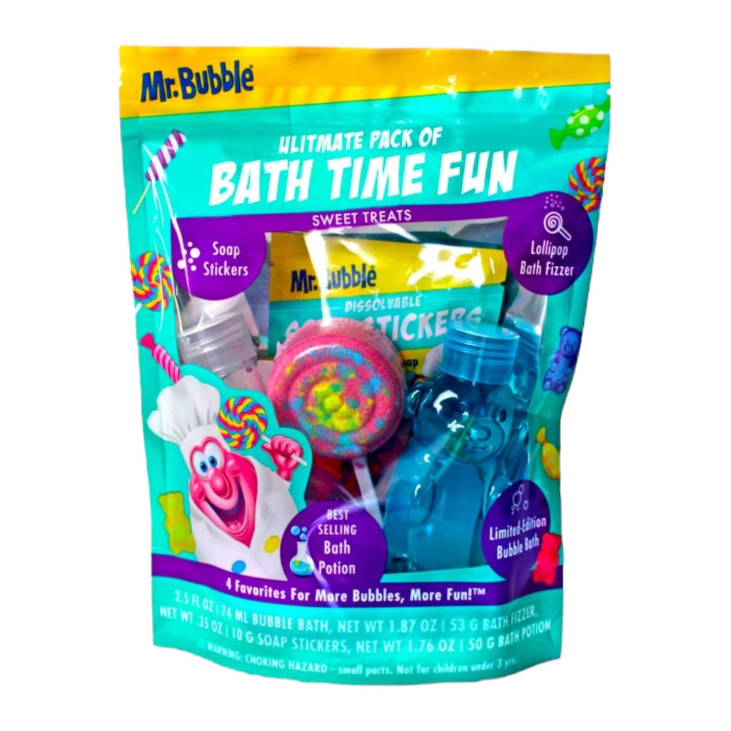 Mr Bubble Sweet Treats Bath Set — Lollipop Fizzer, Gummy Bear Bubble Bath, Bath Potion & Soap Stickers