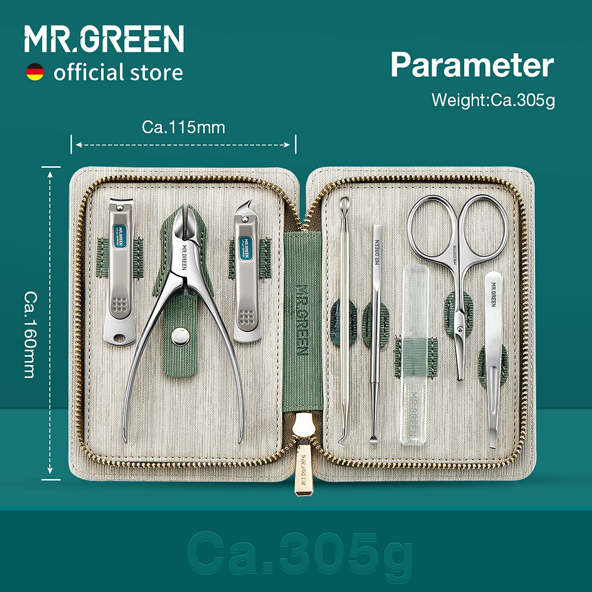 MR.GREEN 8-in-1 Manicure Set — Stainless Steel Tools in PU Leather Case (Green)