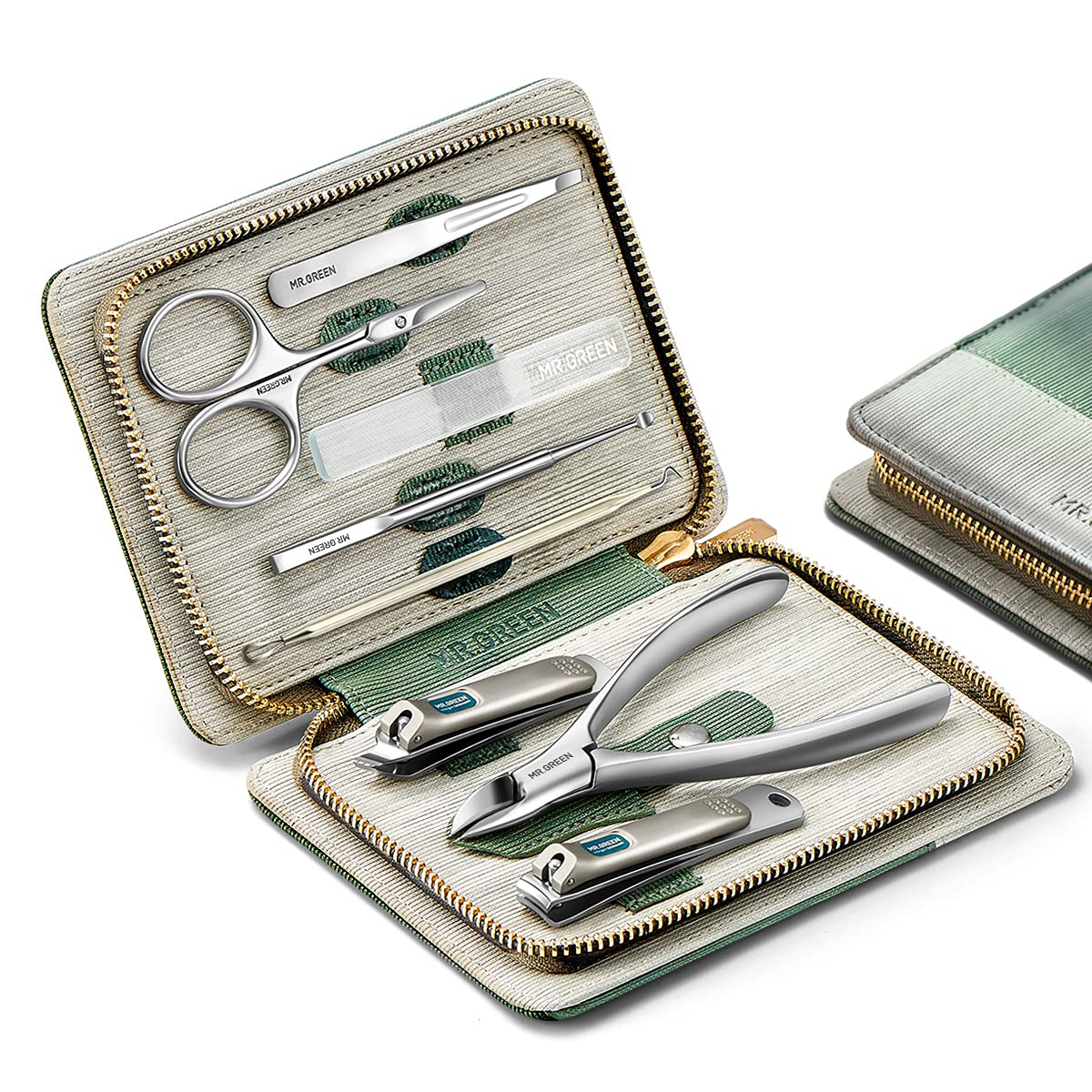 MR.GREEN 8-in-1 Manicure Set — Stainless Steel Tools in PU Leather Case (Green)