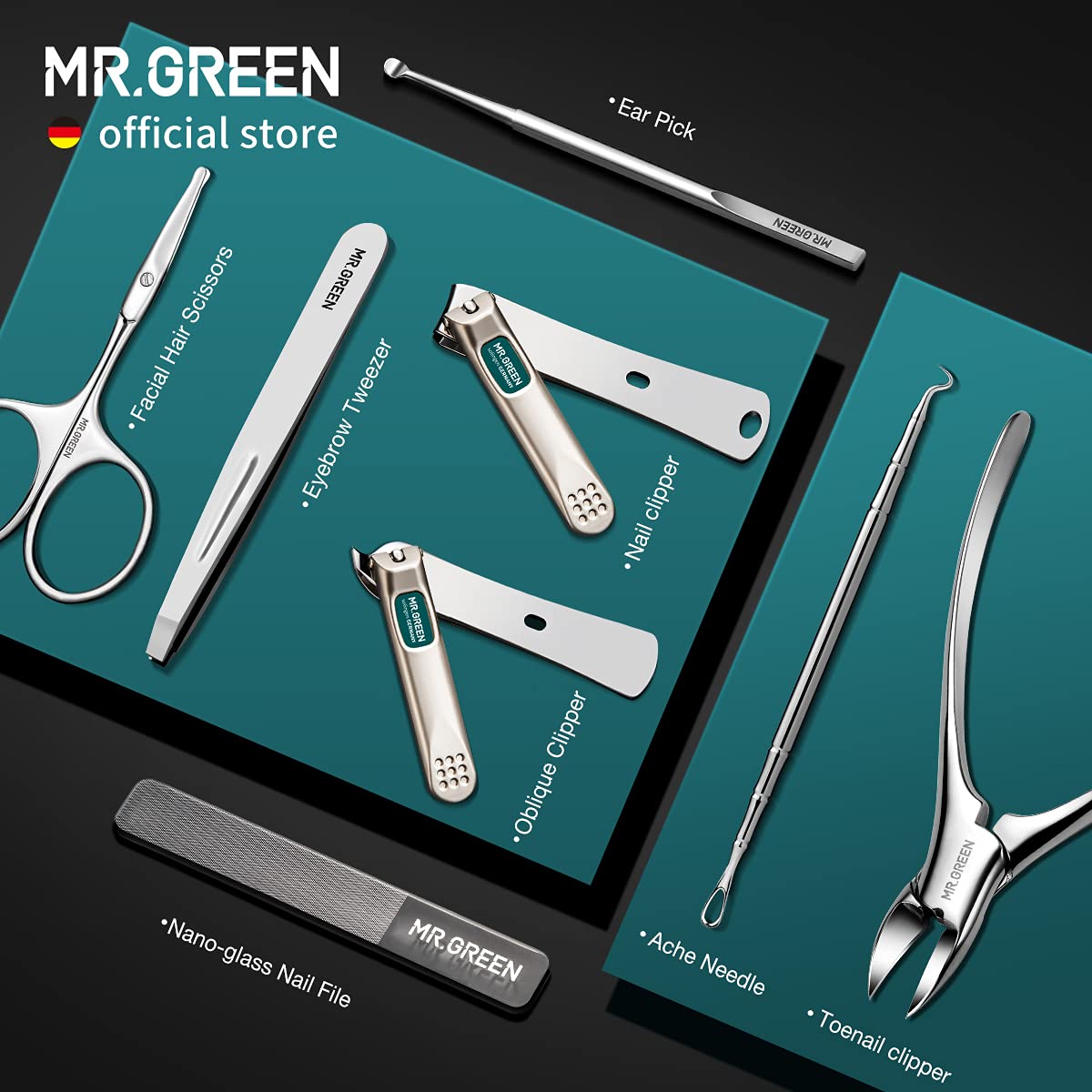 MR.GREEN Manicure Sets & Pedicure Kits – Stainless Steel Nail Clippers in Gray PU Leather Case