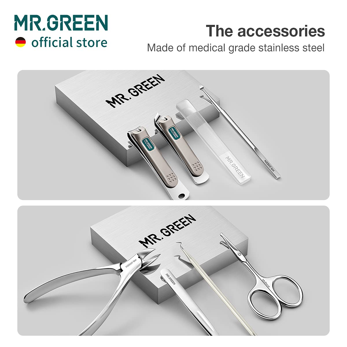 MR.GREEN Manicure Sets & Pedicure Kits – Stainless Steel Nail Clippers in Gray PU Leather Case