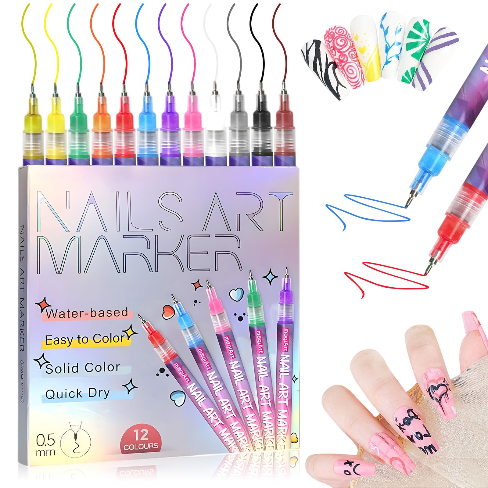 Mrryiio 12 Colors Nail Art Pens Set – 0.5mm Nail Polish Markers for Gel Nails