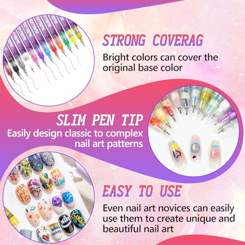 Mrryiio 12 Colors Nail Art Pens Set – 0.5mm Nail Polish Markers for Gel Nails