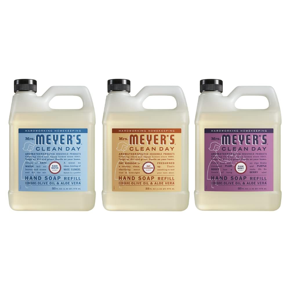Mrs. Meyer's Clean Day Liquid Hand Soap Refill Variety Pack – 33 oz (3 × 11 oz) – Rain Water, Oat Blossom, Plum Berry