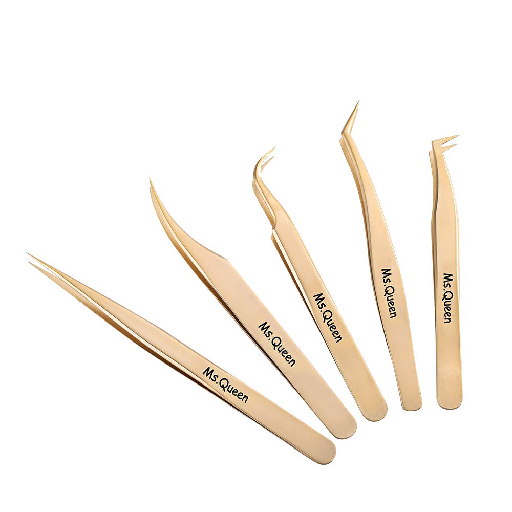 Ms.Queen Golden Eyelash Extension Tweezers Set - Precision for Volume and Individual Lashes (5-Piece)