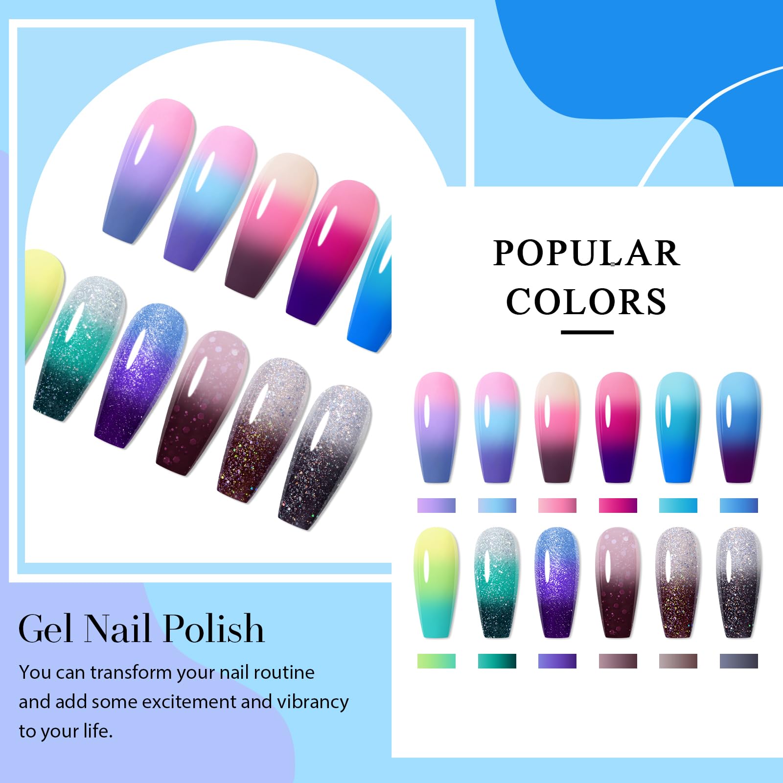 MSRUIOO Color Changing Gel Nail Polish Set — 12 Mood Glitter Colors (UV/LED, Soak-Off)