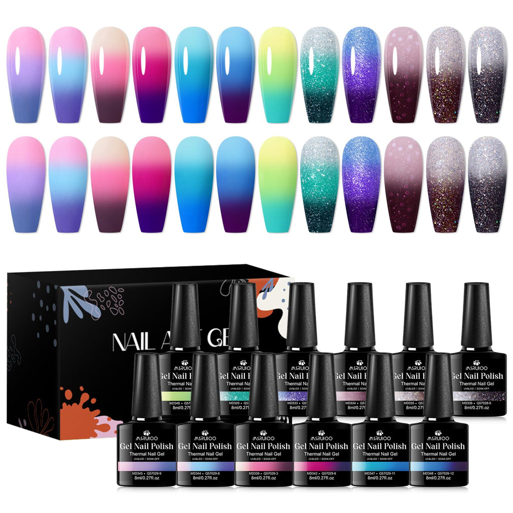 MSRUIOO Color Changing Gel Nail Polish Set — 12 Mood Glitter Colors (UV/LED, Soak-Off)