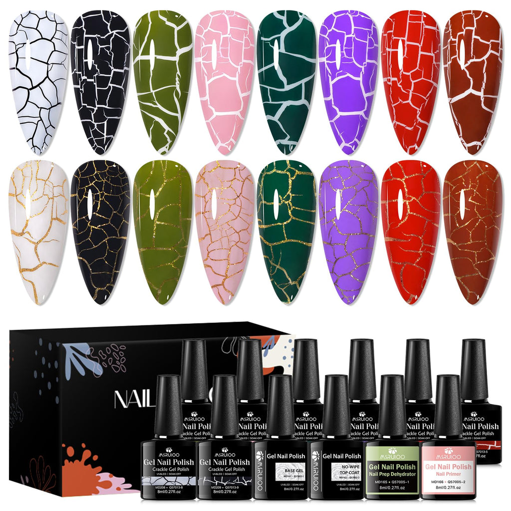 MSRUIOO Crackle Gel Nail Polish 12-Piece Set – 8 Crackle Colors + Base, Top, Dehydrator & Primer (Air-Dry)