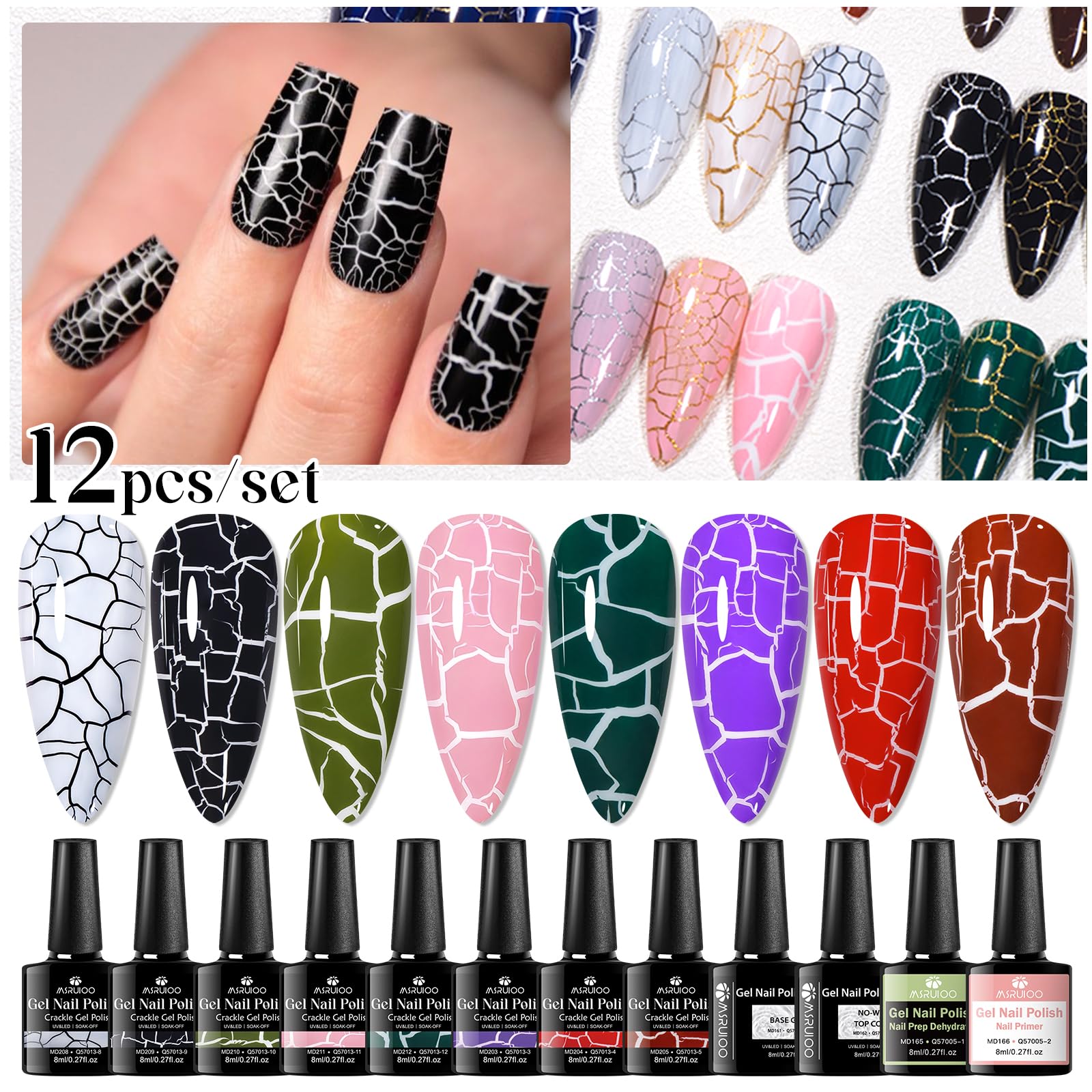 MSRUIOO Crackle Gel Nail Polish 12-Piece Set – 8 Crackle Colors + Base, Top, Dehydrator & Primer (Air-Dry)