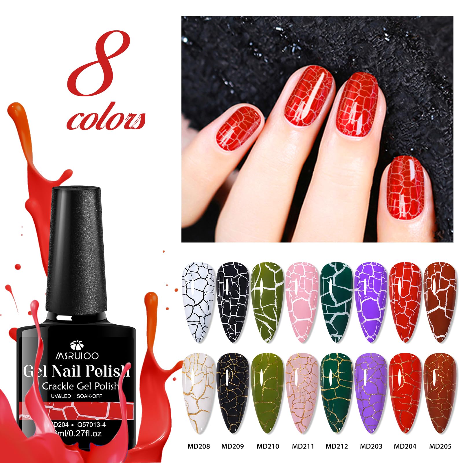 MSRUIOO Crackle Gel Nail Polish 12-Piece Set – 8 Crackle Colors + Base, Top, Dehydrator & Primer (Air-Dry)