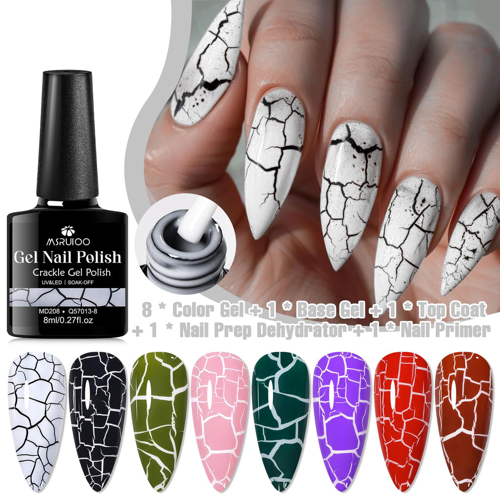MSRUIOO Crackle Gel Nail Polish 12-Piece Set – 8 Crackle Colors + Base, Top, Dehydrator & Primer (Air-Dry)