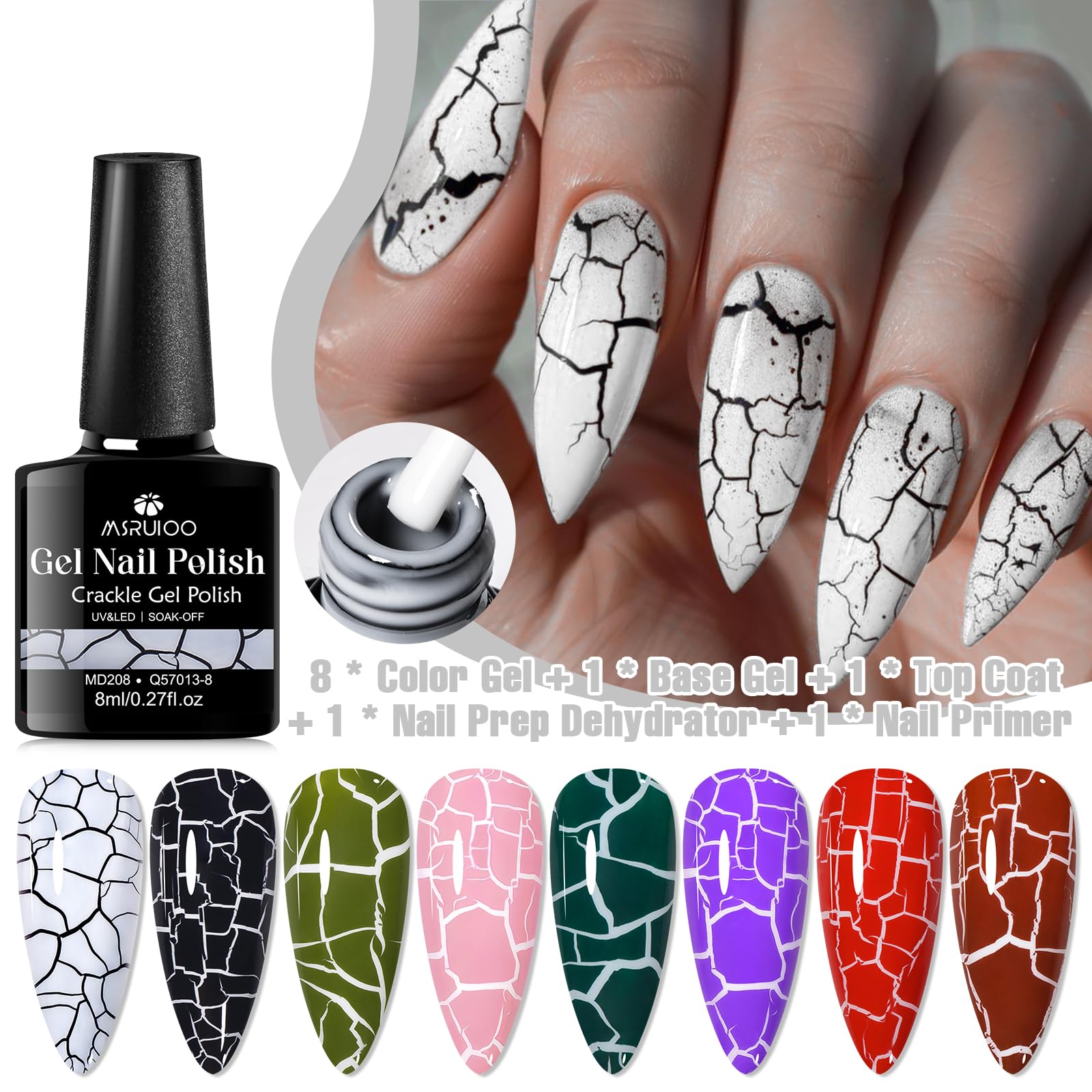 MSRUIOO Crackle Gel Nail Polish 12-Piece Set – 8 Crackle Colors + Base, Top, Dehydrator & Primer (Air-Dry)