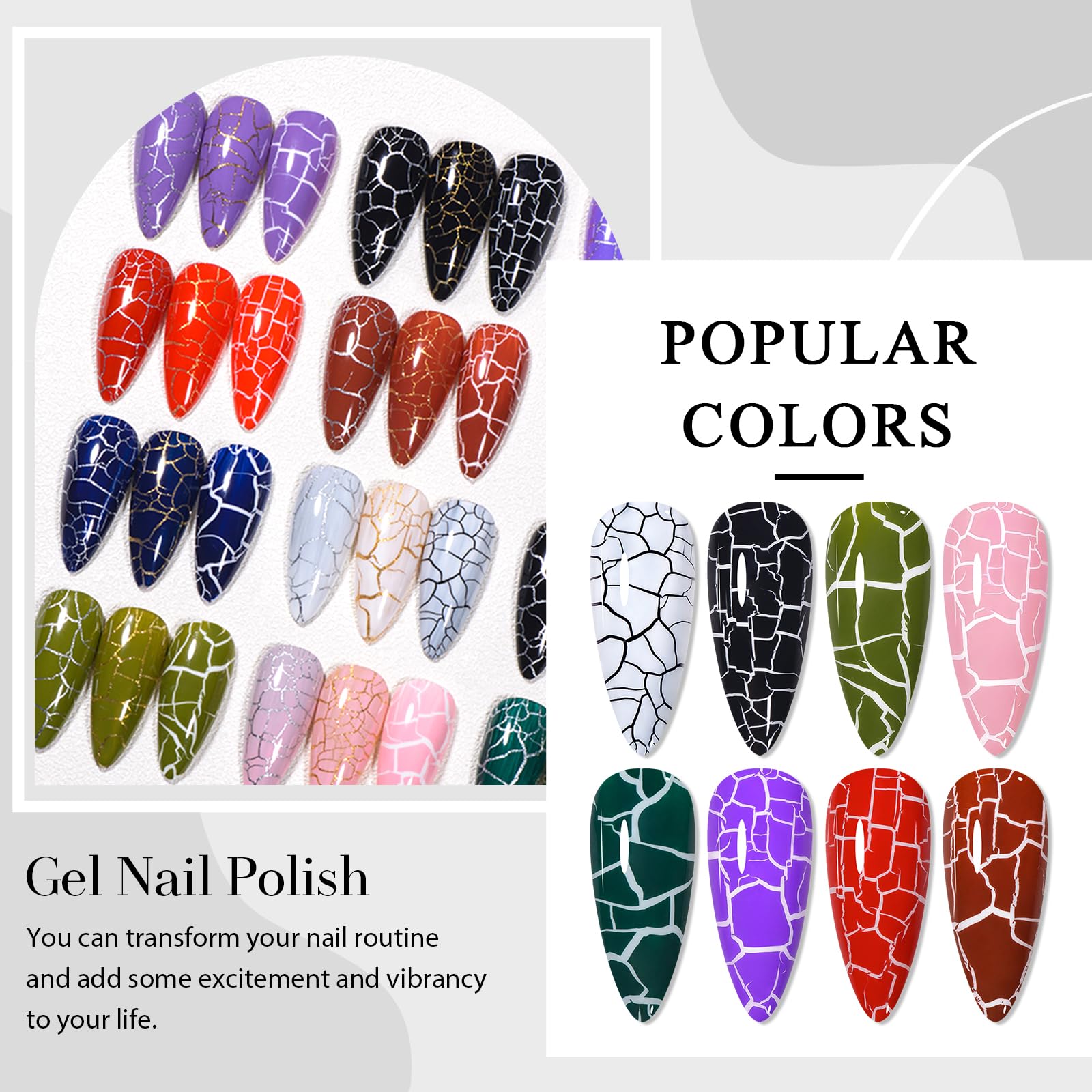 MSRUIOO Crackle Gel Nail Polish 12-Piece Set – 8 Crackle Colors + Base, Top, Dehydrator & Primer (Air-Dry)