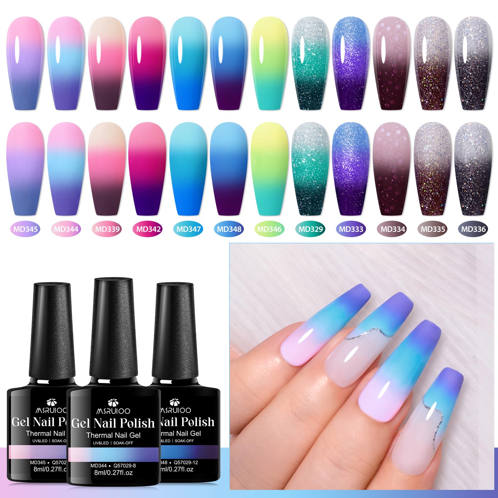 MSRUIOO Color Changing Gel Nail Polish Set — 12 Mood Glitter Colors (UV/LED, Soak-Off)