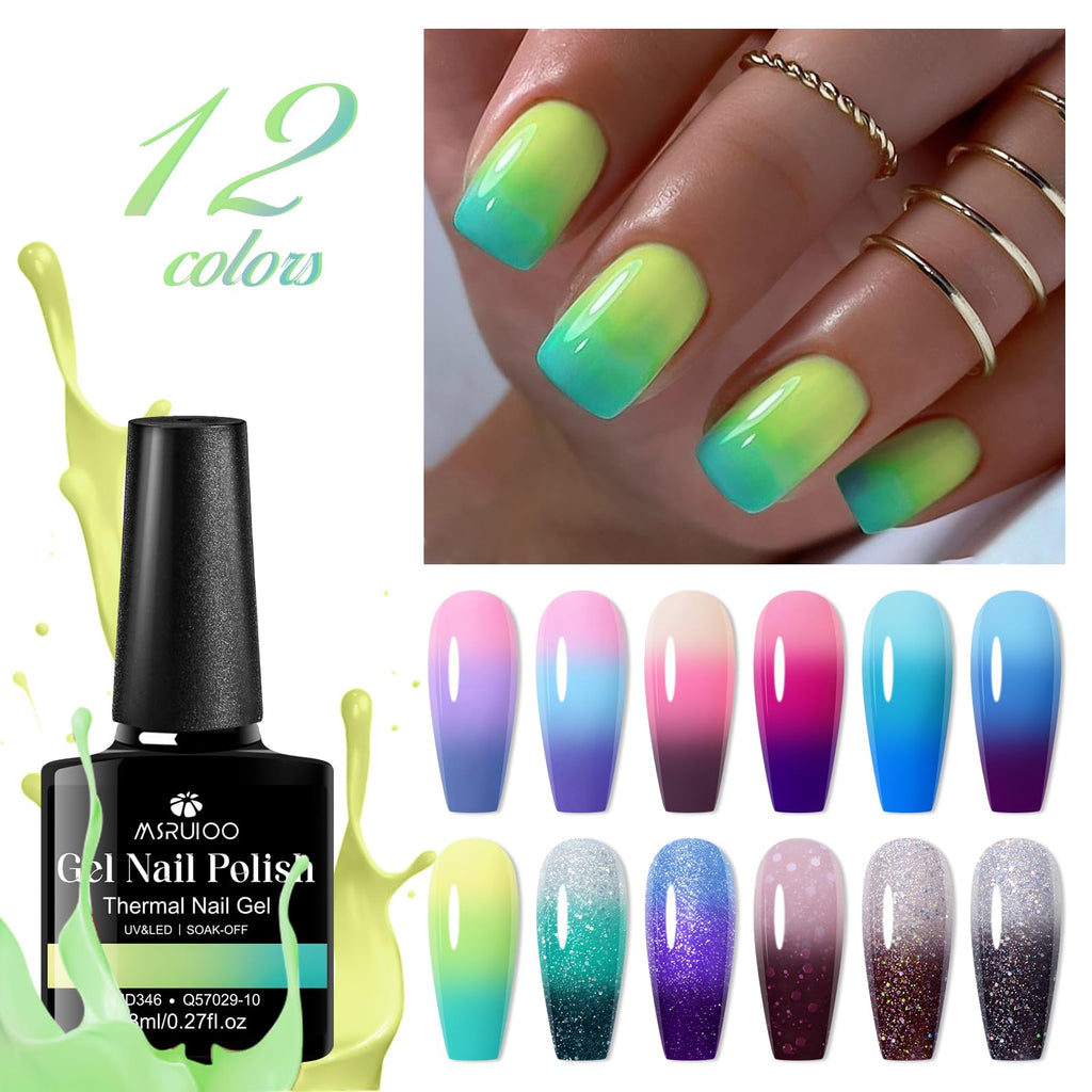 MSRUIOO Color Changing Gel Nail Polish Set — 12 Mood Glitter Colors (UV/LED, Soak-Off)