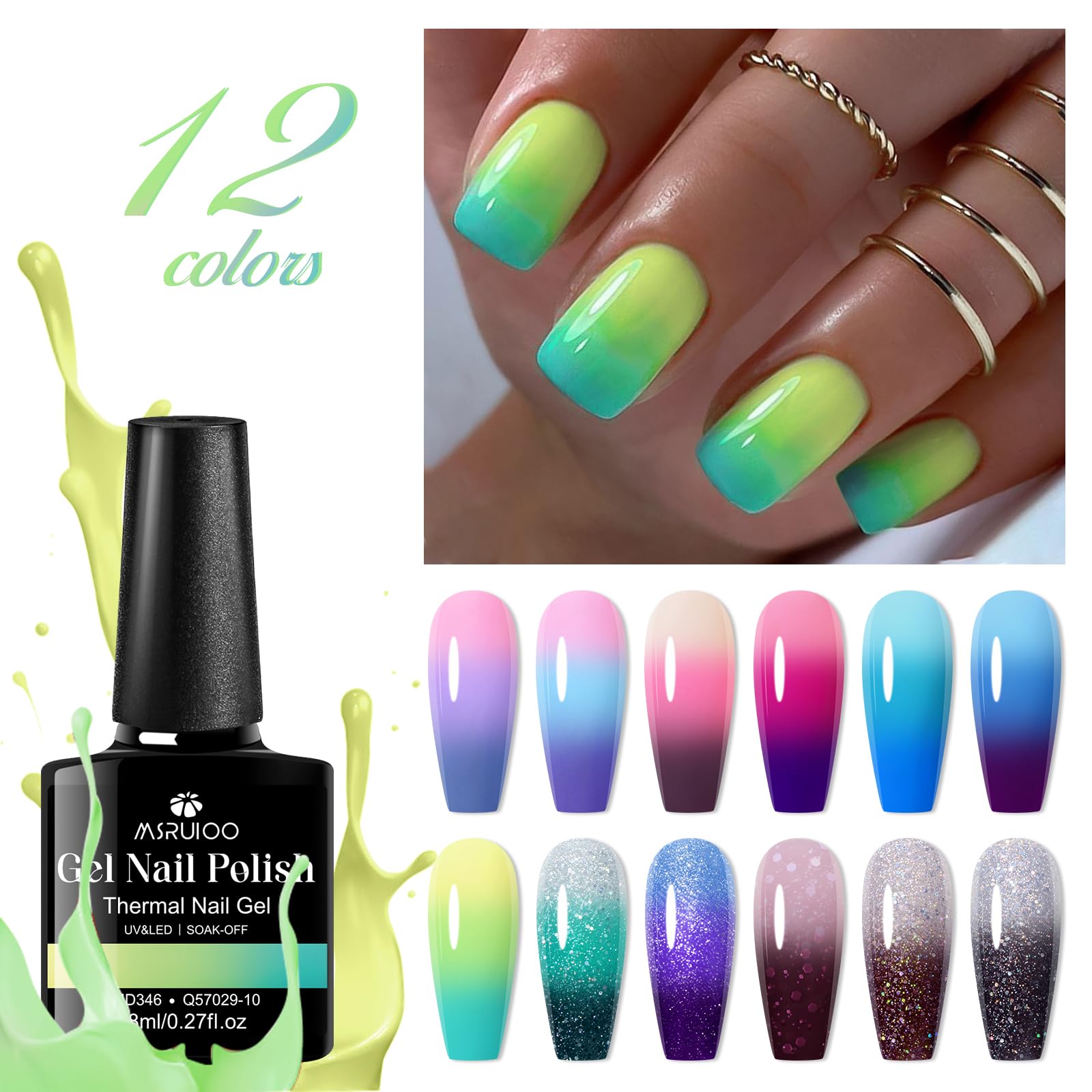 MSRUIOO Color Changing Gel Nail Polish Set — 12 Mood Glitter Colors (UV/LED, Soak-Off)