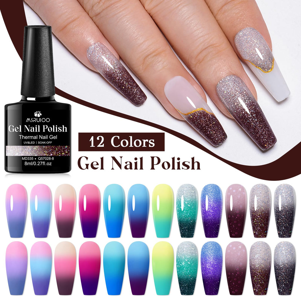 MSRUIOO Color Changing Gel Nail Polish Set — 12 Mood Glitter Colors (UV/LED, Soak-Off)