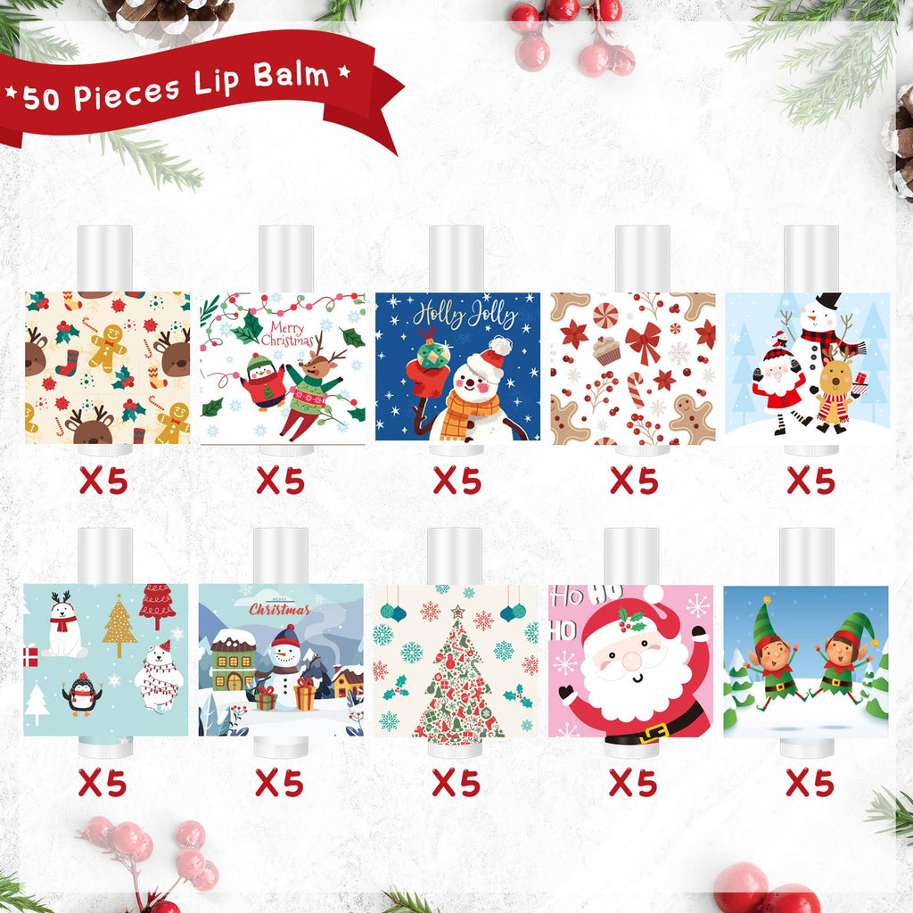 MTLEE Christmas Lip Balm Set – 50 Pcs, 10 Designs, 5 Flavors | Bulk Holiday Gifts