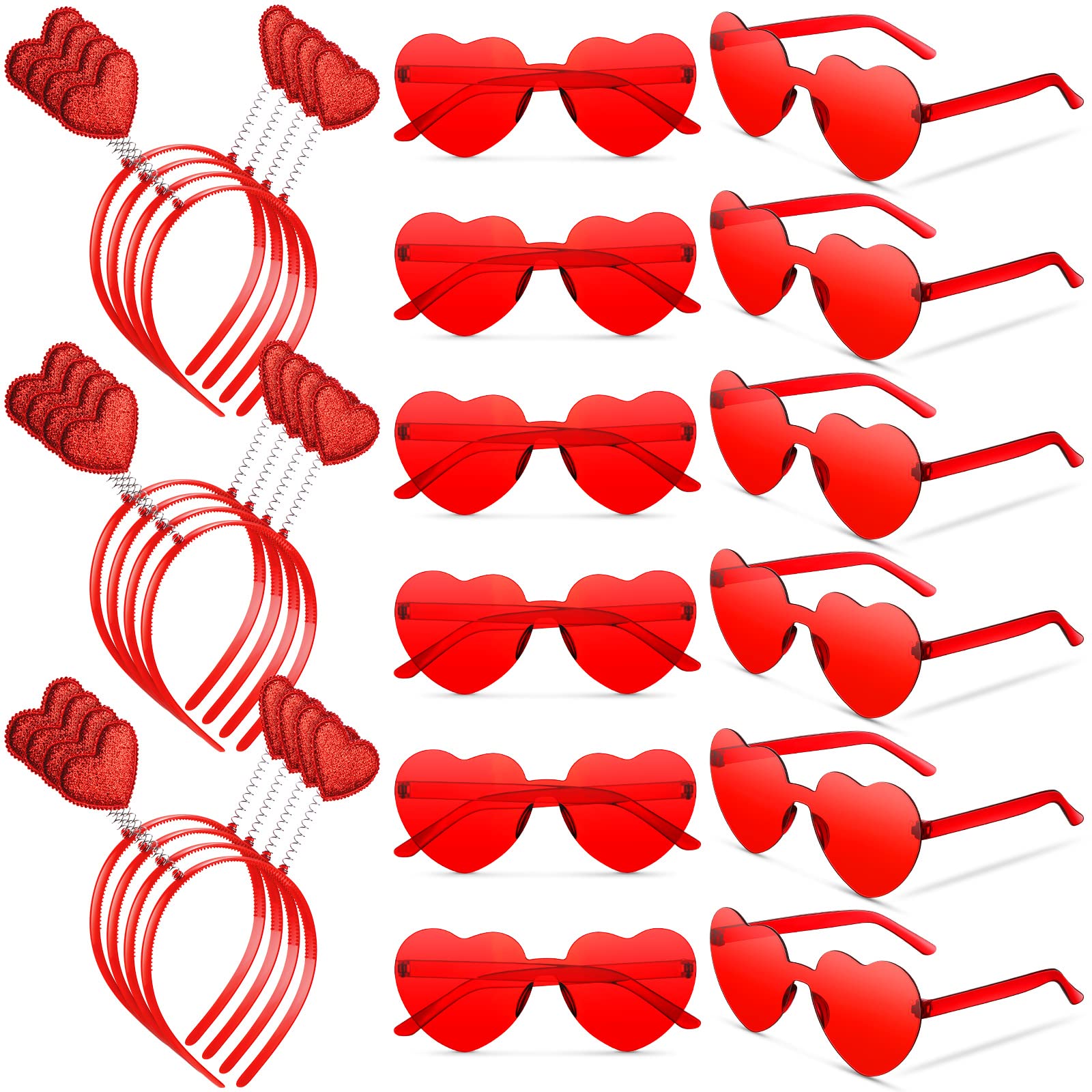 MTLEE 24 Pcs Valentines Heart Head Boppers & Heart-Shaped Sunglasses Set – Galentines Day Party Favors (Red)