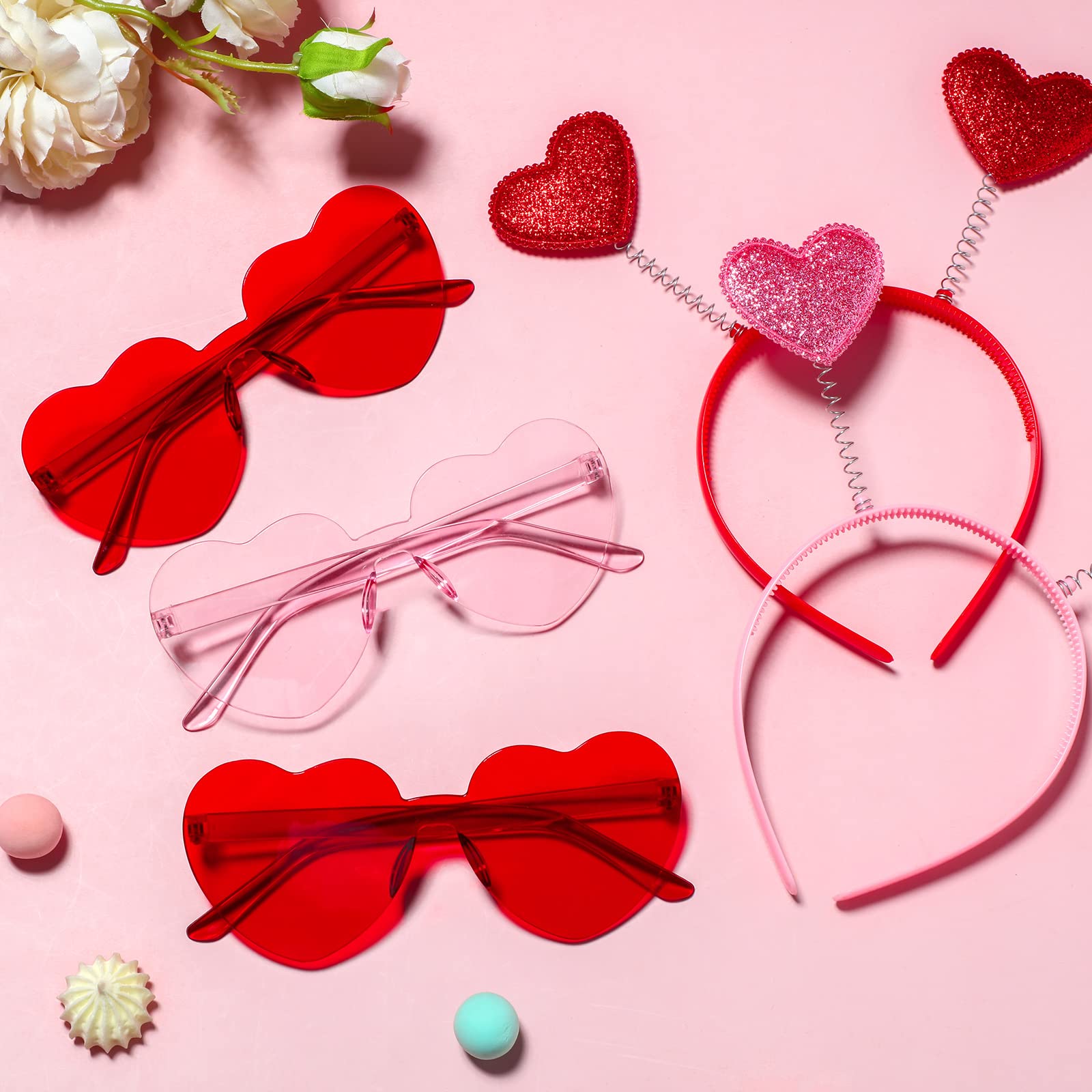 MTLEE 24-Piece Valentines Heart Headbands & Heart-Shaped Sunglasses – Pink