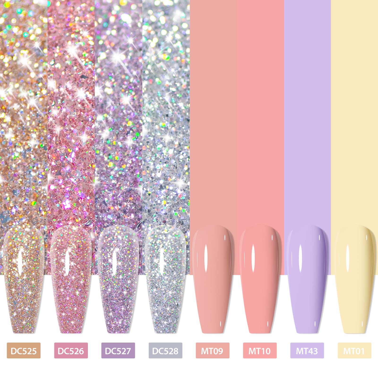 MTSSII Reflective Glitter Gel Nail Polish Set — 8 Colors + Base/Top Coat Kit for Home Manicures