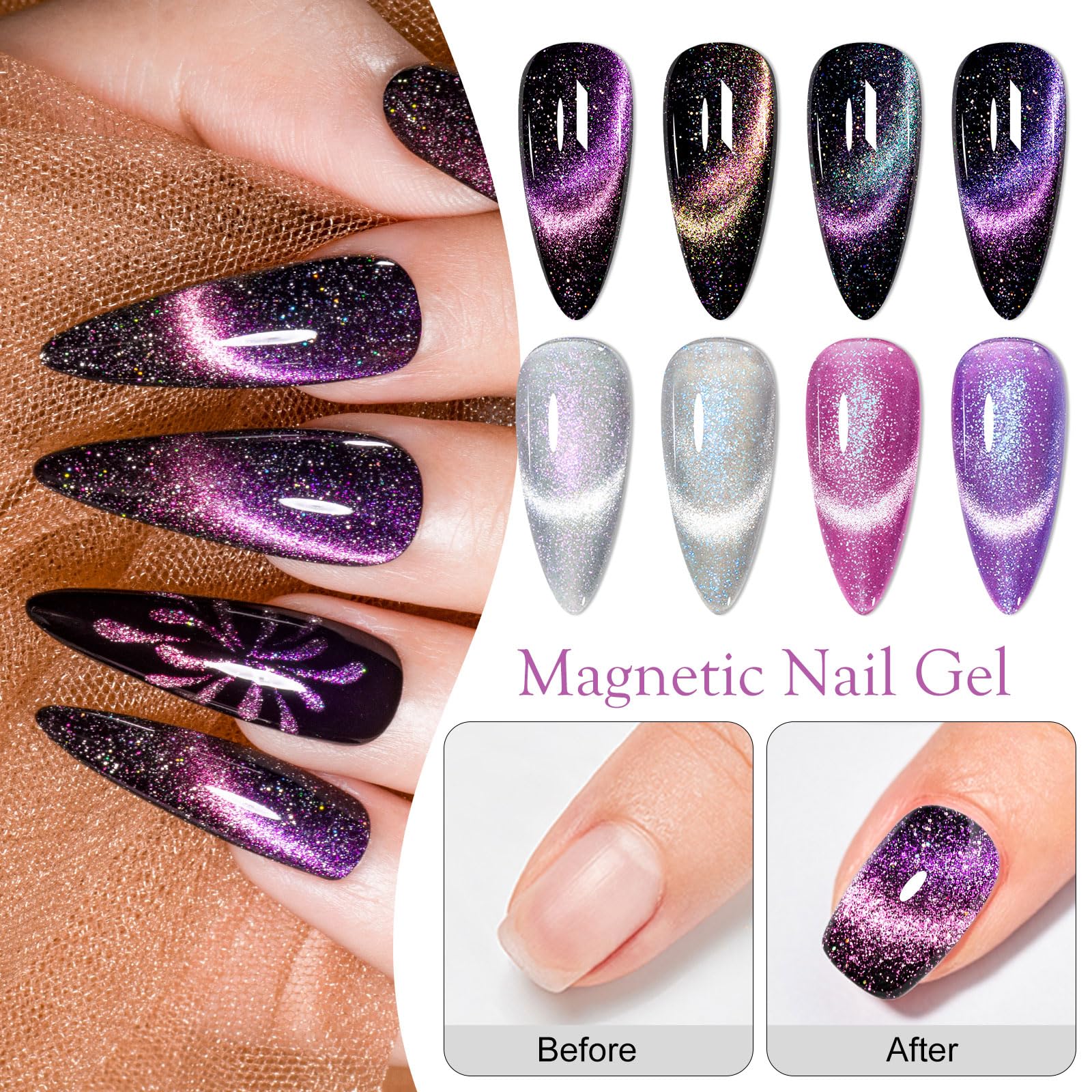 MTSSII 8 Colors Cat Eye Gel Nail Polish Set5 – 8pcs Soak-Off, Safe, Long-Lasting, Gift Box