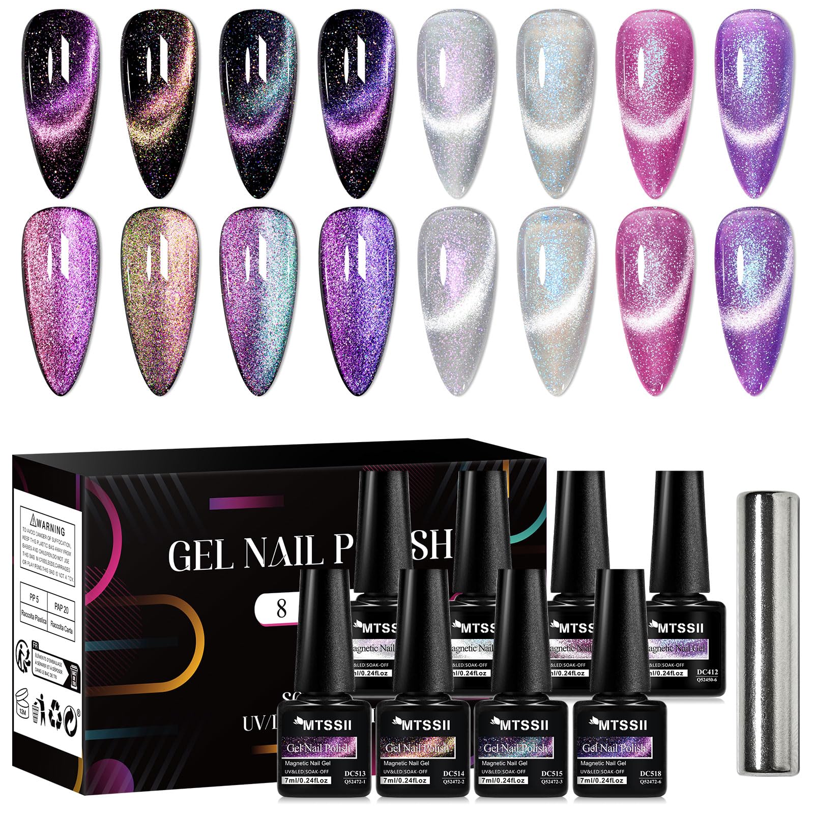 MTSSII 8 Colors Cat Eye Gel Nail Polish Set5 – 8pcs Soak-Off, Safe, Long-Lasting, Gift Box