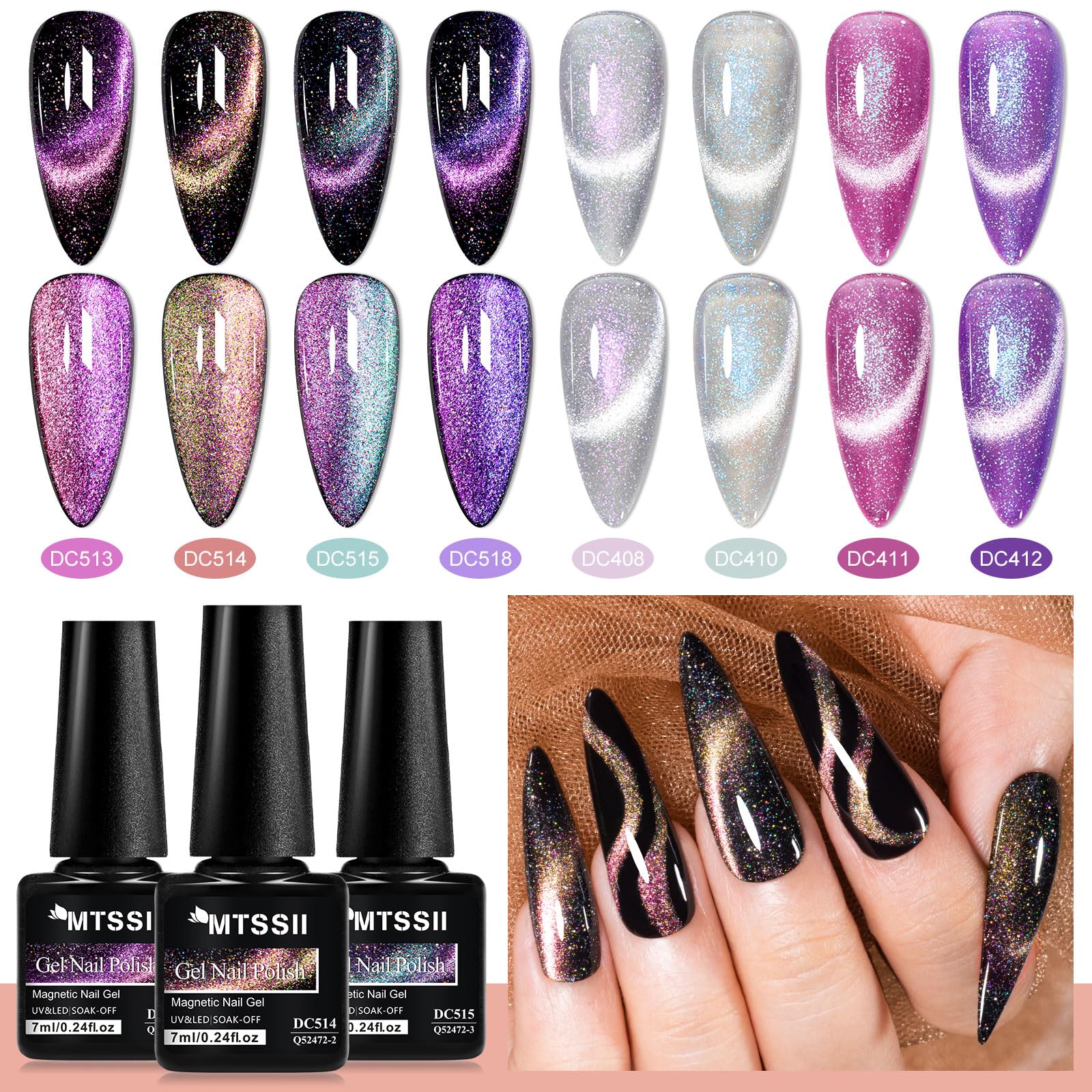 MTSSII 8 Colors Cat Eye Gel Nail Polish Set5 – 8pcs Soak-Off, Safe, Long-Lasting, Gift Box