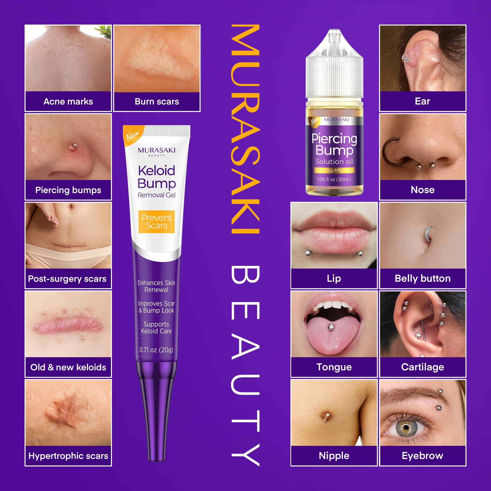 MURASAKI BEAUTY Piercing & Keloid Bump Solution Oil & Gel Kit – 2 Pack