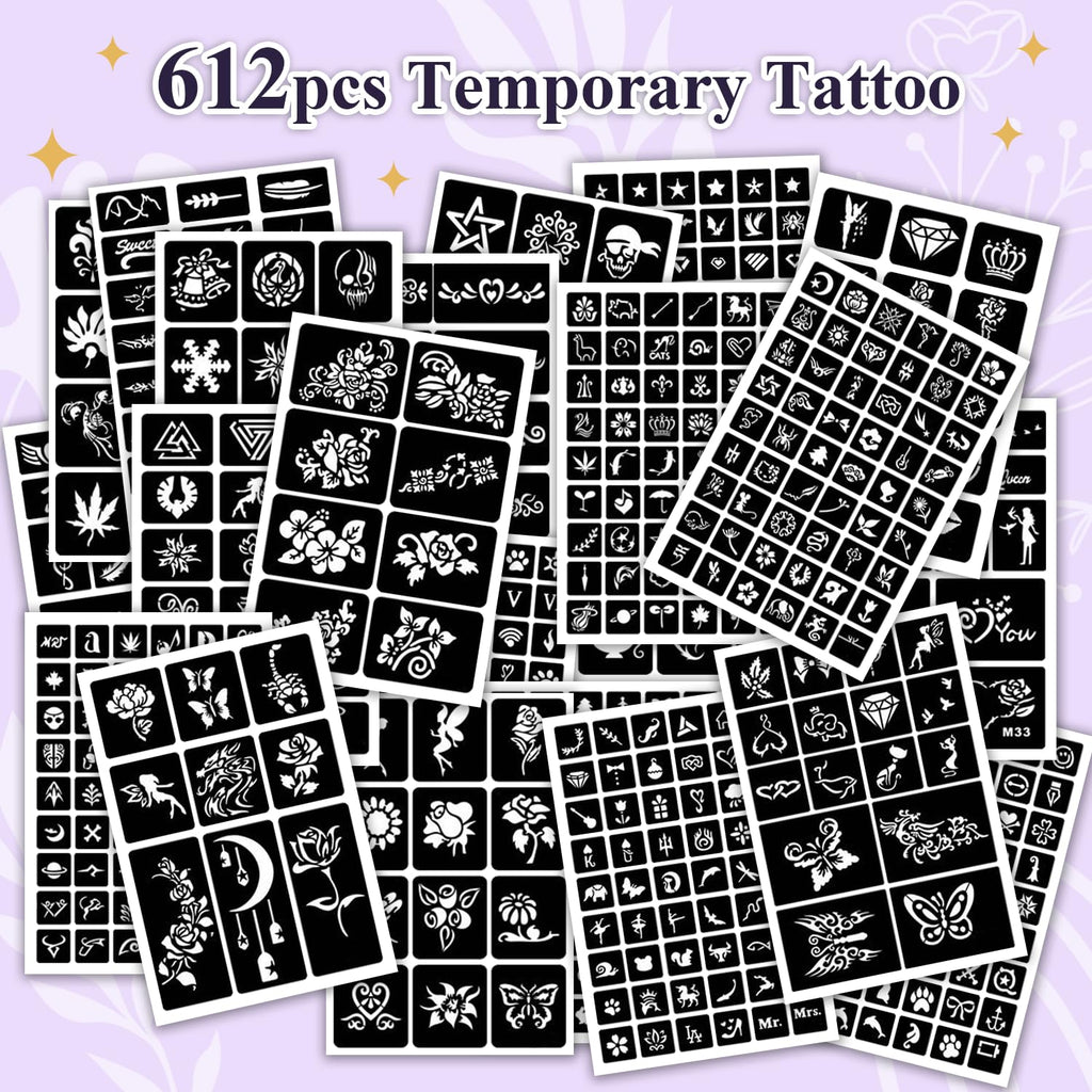 MUREND Temporary Tattoos Markers Kit – 36 Colors, 612 Stencils, Skin-Safe Dual-End Pens