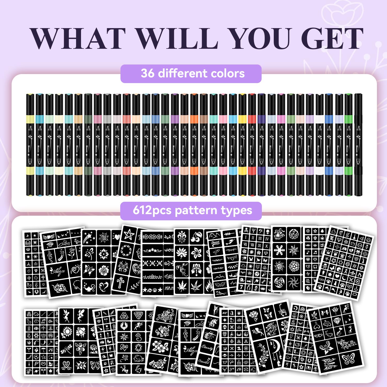 MUREND Temporary Tattoos Markers Kit – 36 Colors, 612 Stencils, Skin-Safe Dual-End Pens