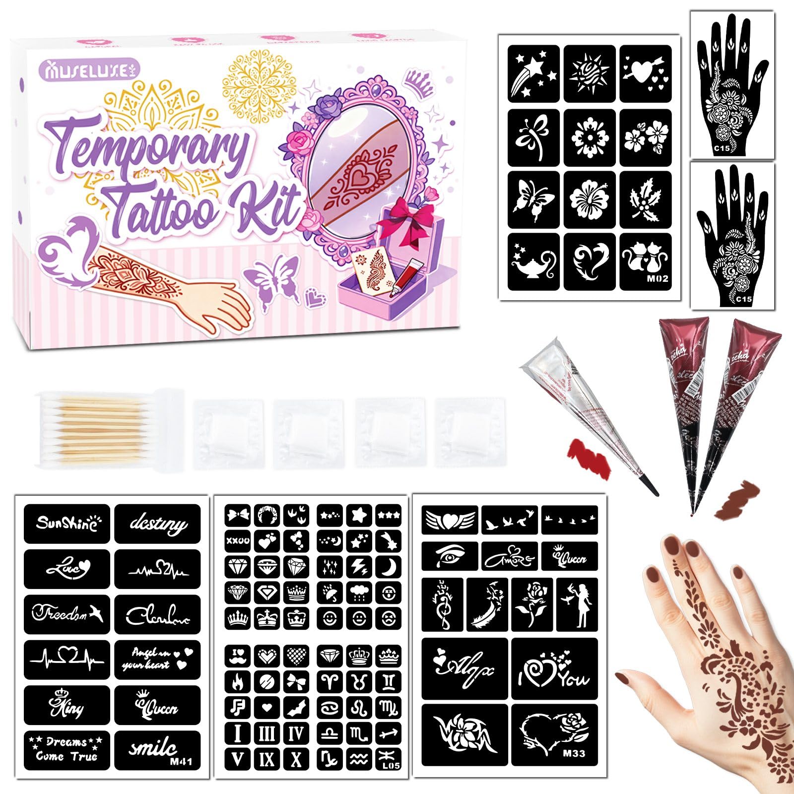 MuseLuxe Temporary Tattoo Kit for Teens & Adults – 3 Pastes, 100 Stencils, Outline Pen, Waterproof Body Art