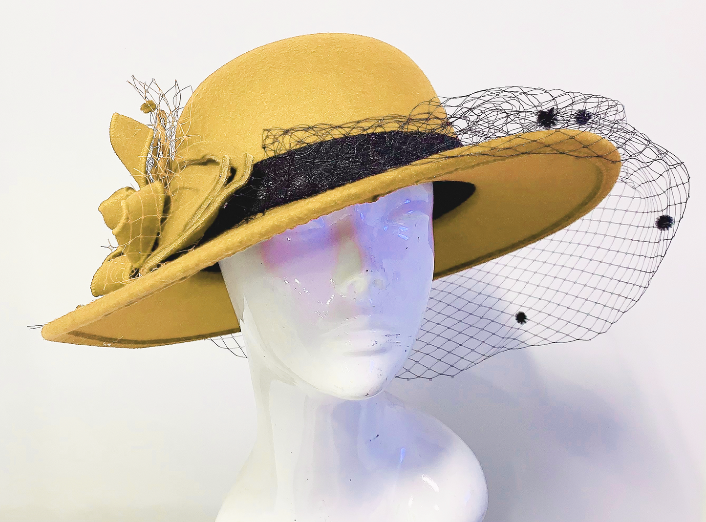 Large Wool Mix Mustard Yellow Brim Fedora with Hat Veil Hatinator Fascinator