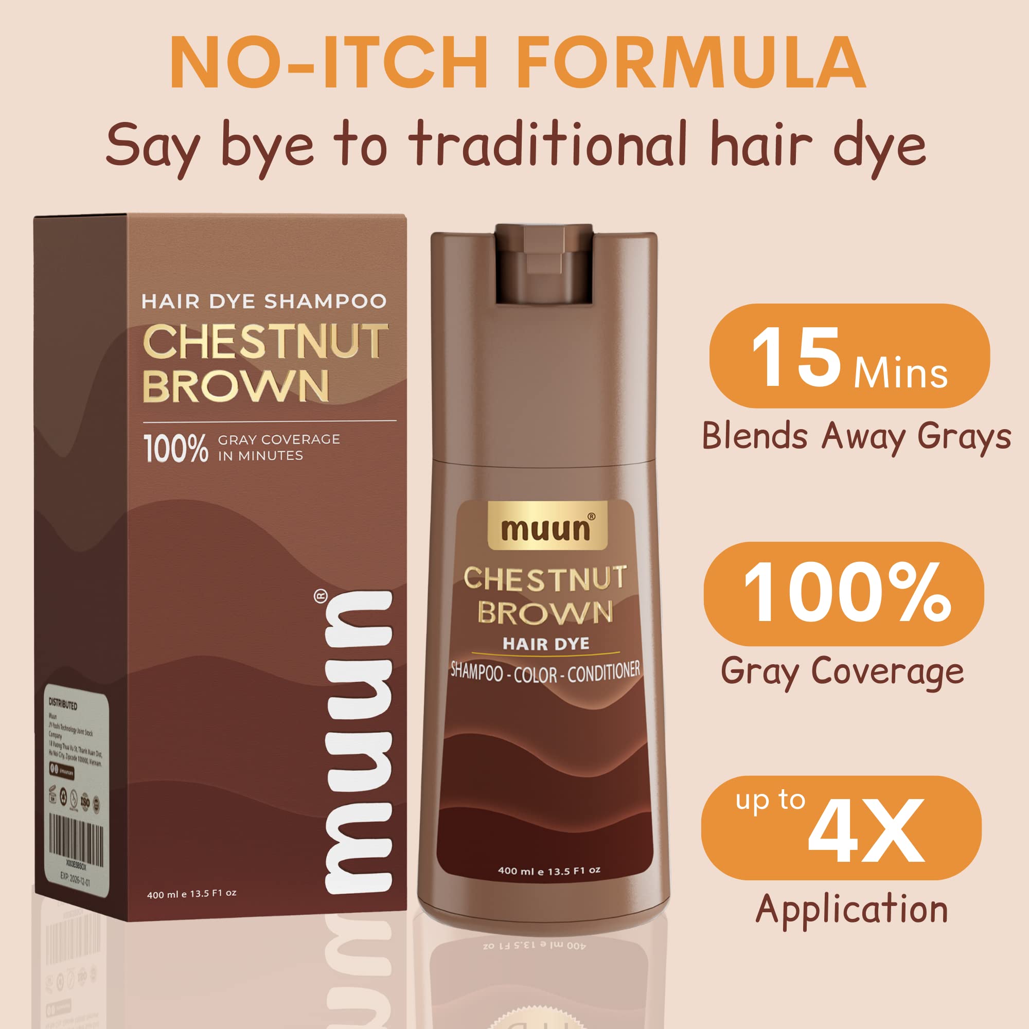 Muun Chestnut Brown Hair Dye Shampoo – 3-in-1 Ammonia-Free Color, Shampoo & Conditioner (400ml)