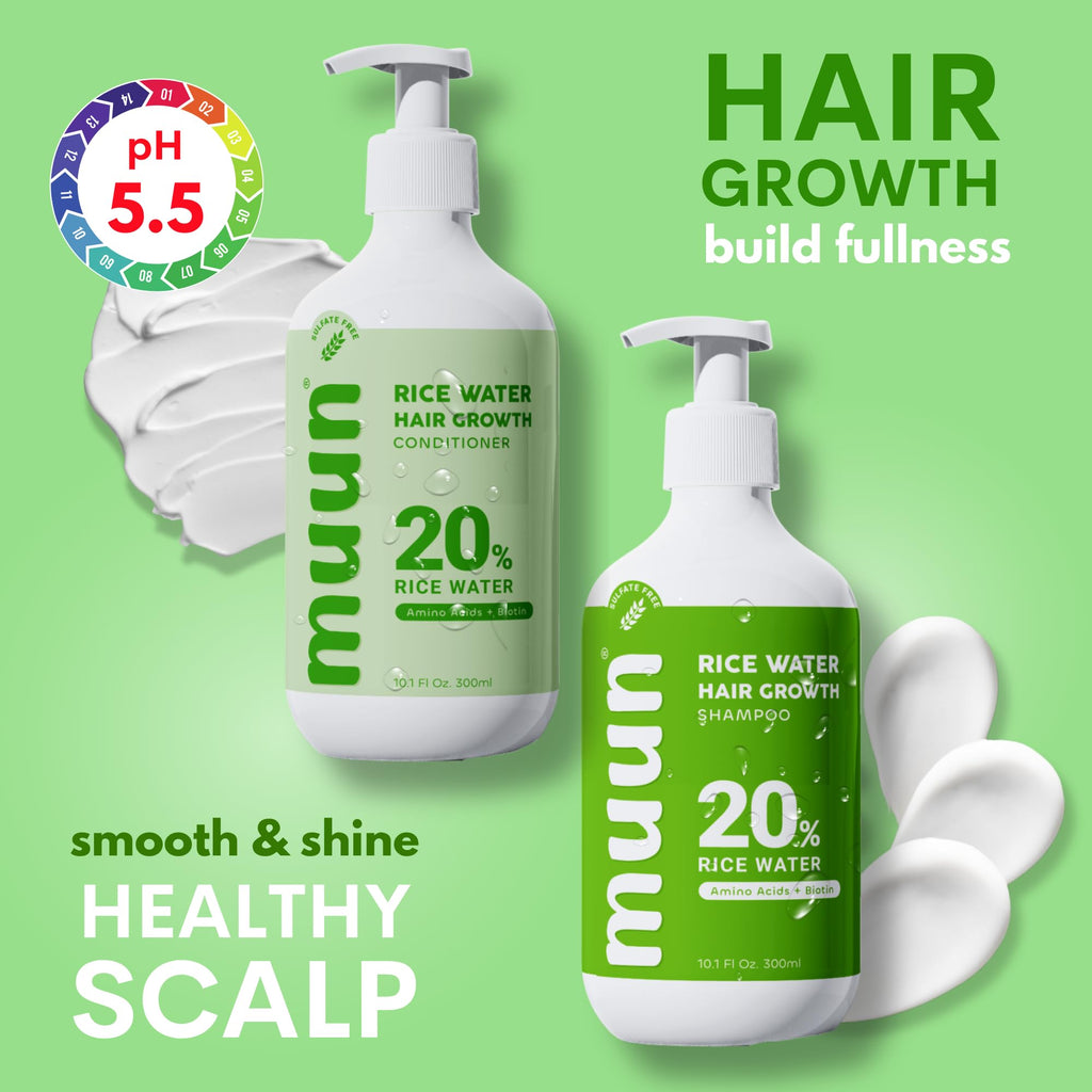 Muun Rice Water Shampoo & Conditioner Set for Hair Growth, Thinning Hair & Anti-Hair Loss – Biotin, Keratin & Caffeine