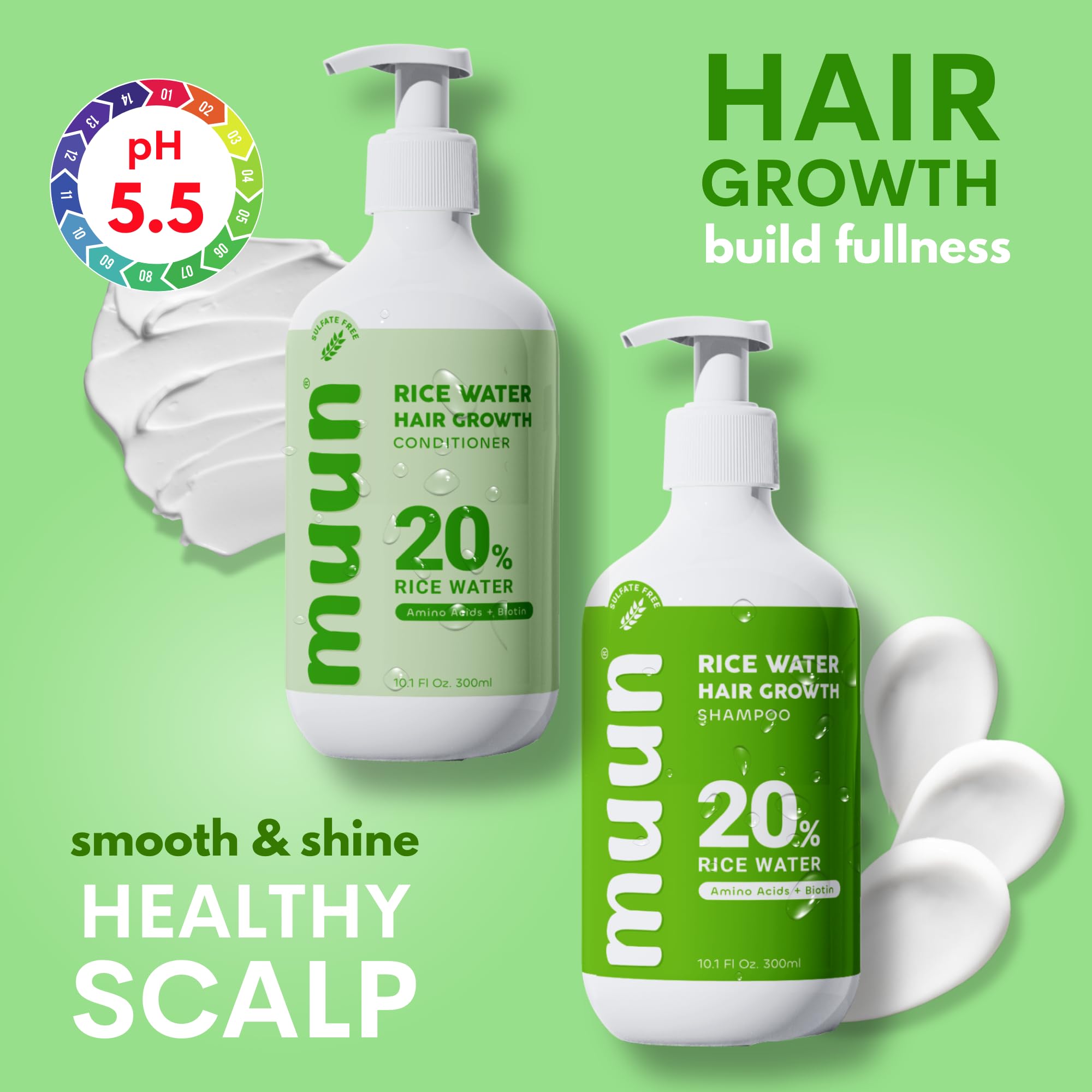 Muun Rice Water Shampoo & Conditioner Set for Hair Growth, Thinning Hair & Anti-Hair Loss – Biotin, Keratin & Caffeine