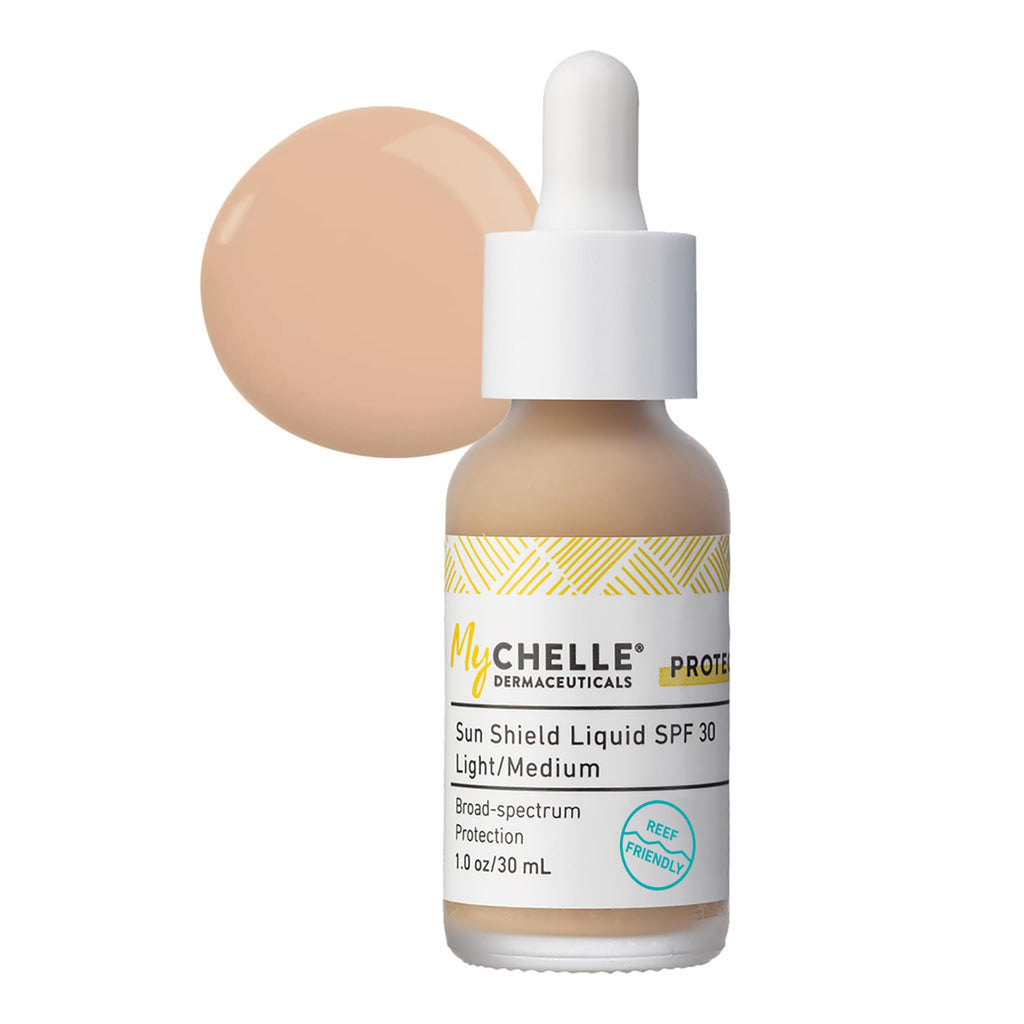 MyChelle Dermaceuticals Sun Shield Liquid SPF 30 Light/Medium – Tinted Mineral Sunscreen, Primer, and Matte Finish
