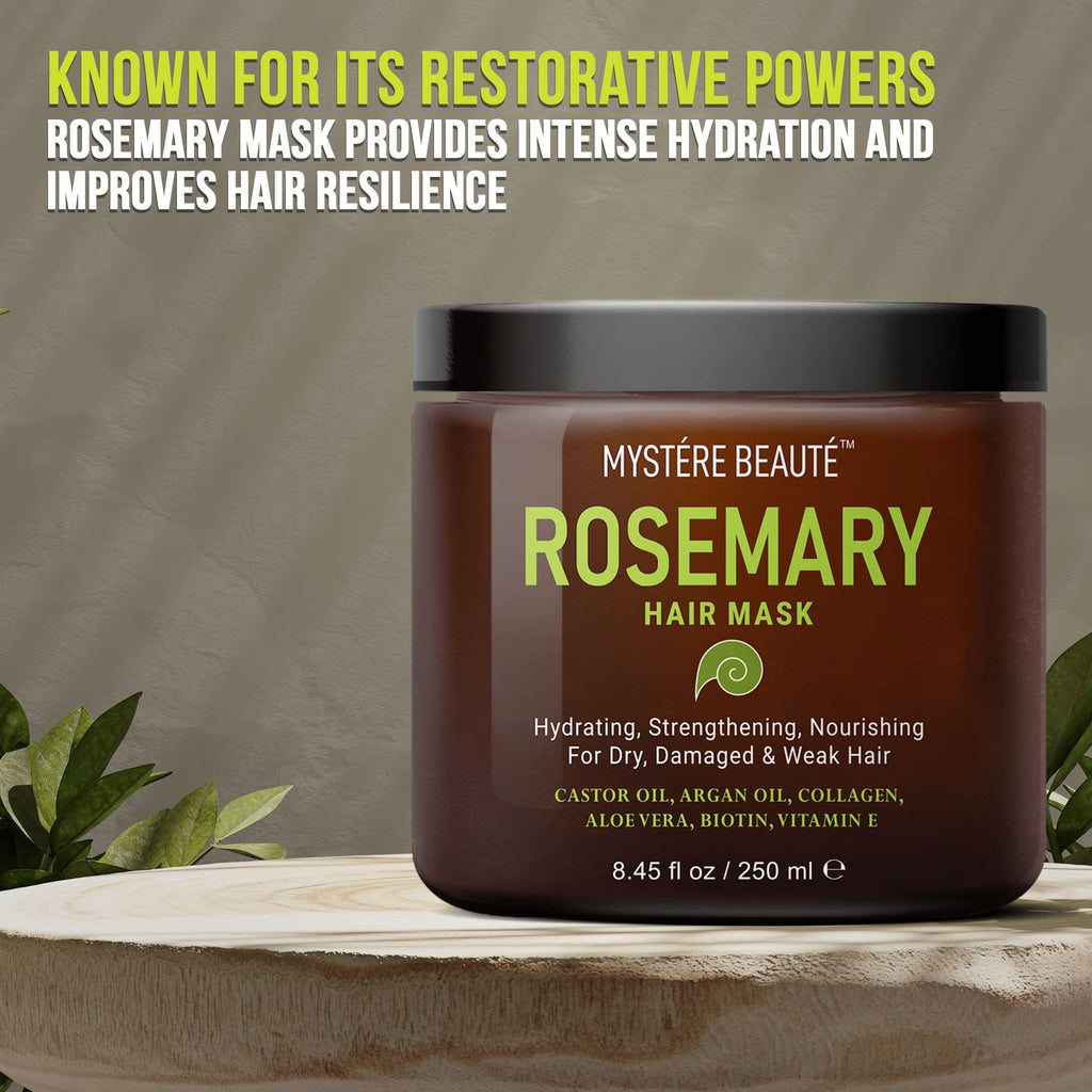 MYSTÉRE BEAUTÉ Rosemary Hair Treatment – Collagen, Biotin & Argan Oil Deep Conditioner for Dry, Damaged & Curly Hair (8.45 fl oz)