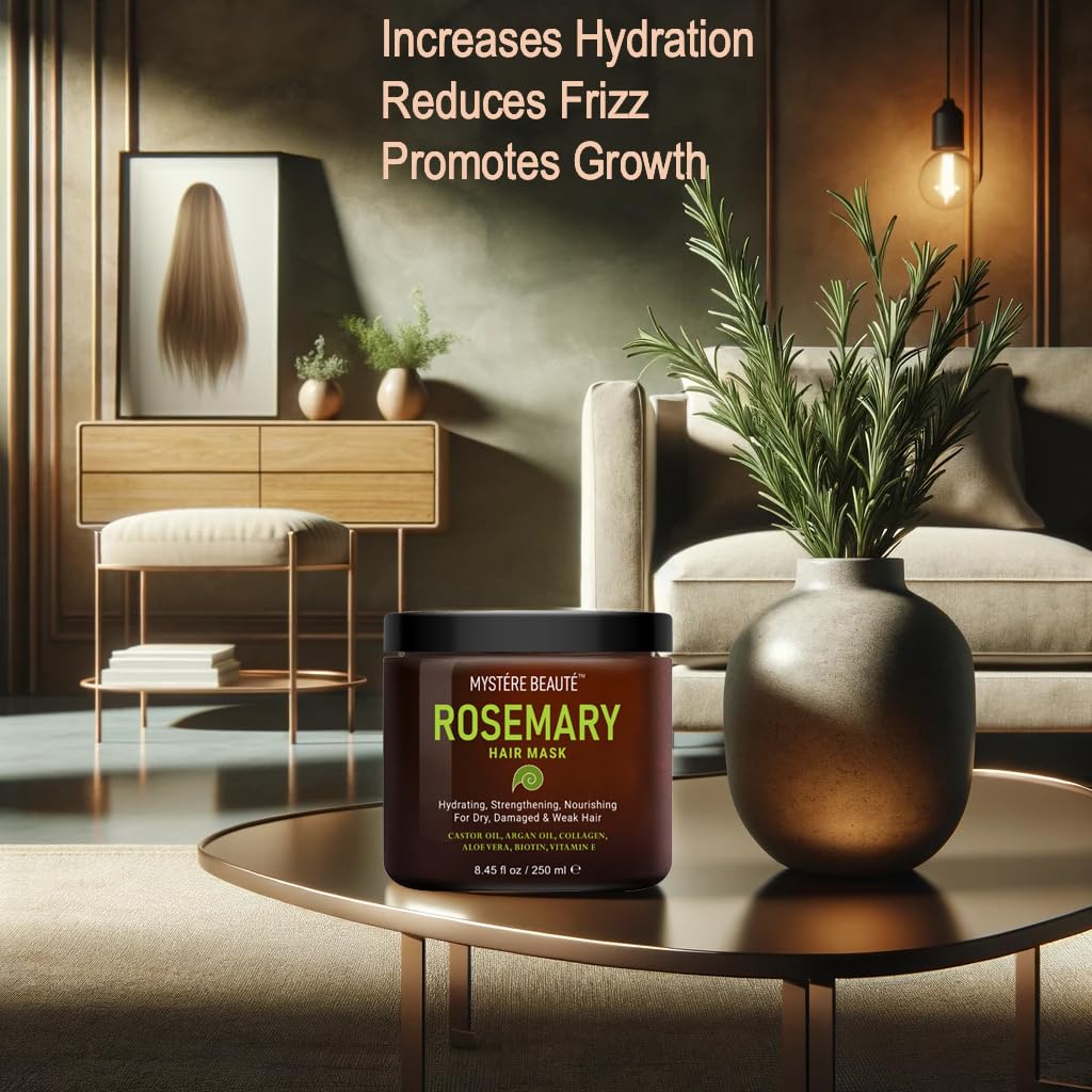 MYSTÉRE BEAUTÉ Rosemary Hair Treatment – Collagen, Biotin & Argan Oil Deep Conditioner for Dry, Damaged & Curly Hair (8.45 fl oz)