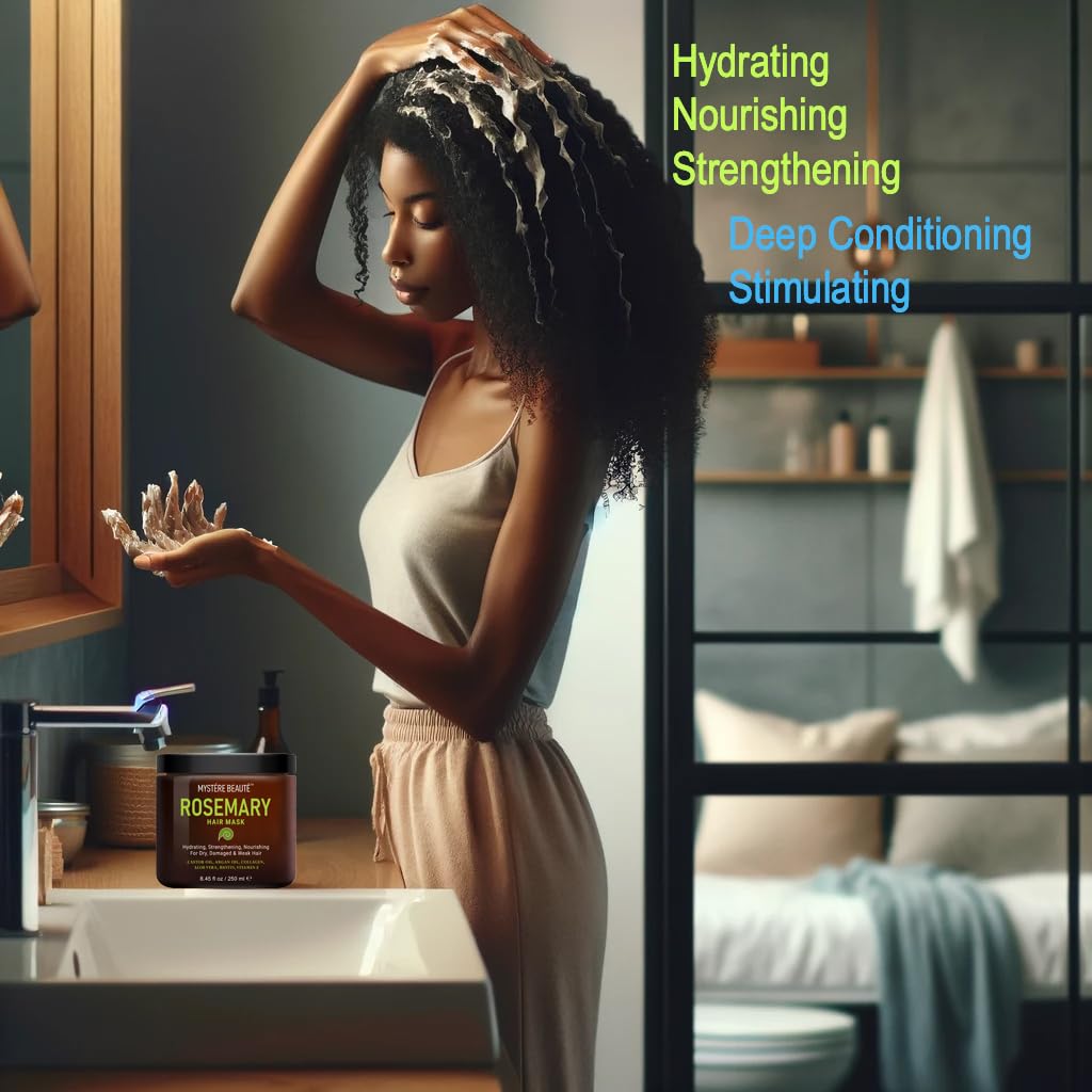 MYSTÉRE BEAUTÉ Rosemary Hair Treatment – Collagen, Biotin & Argan Oil Deep Conditioner for Dry, Damaged & Curly Hair (8.45 fl oz)