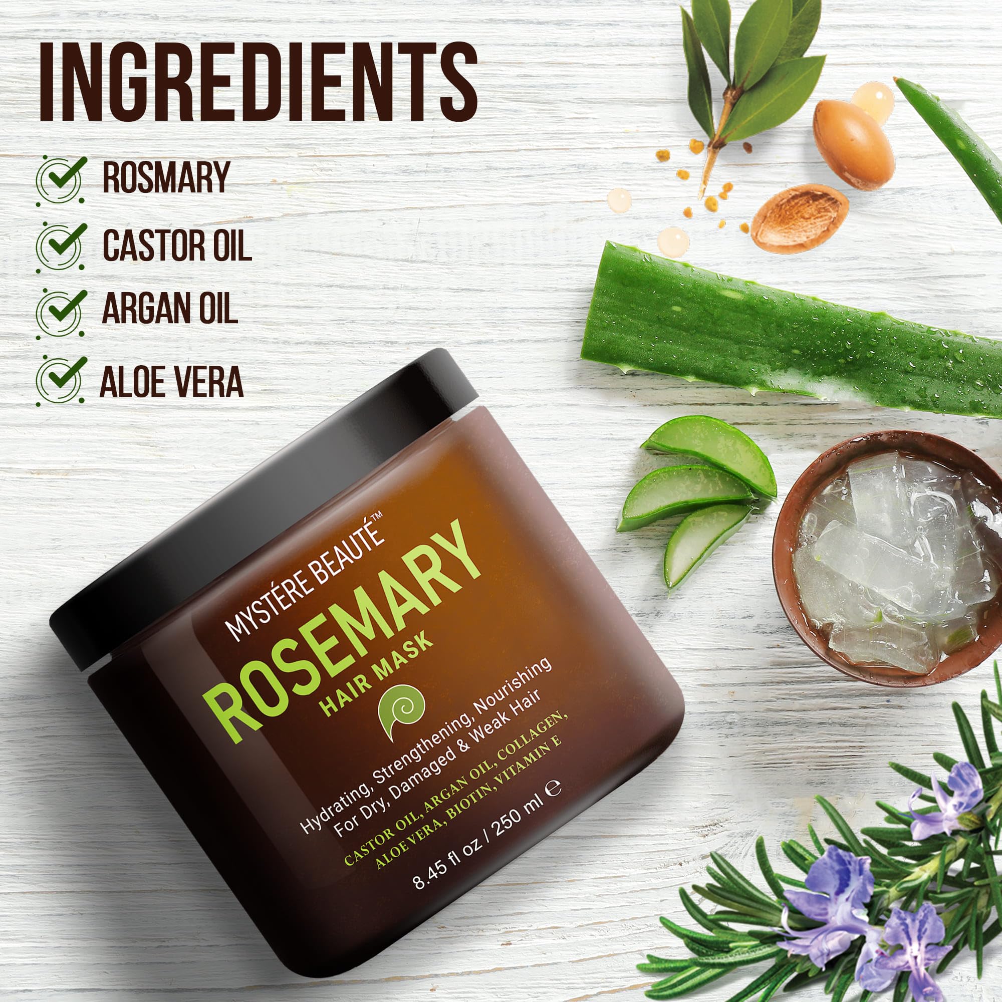 MYSTÉRE BEAUTÉ Rosemary Deep Conditioning Hair Mask – Argan Oil, Keratin, 2 x 8.5 fl oz