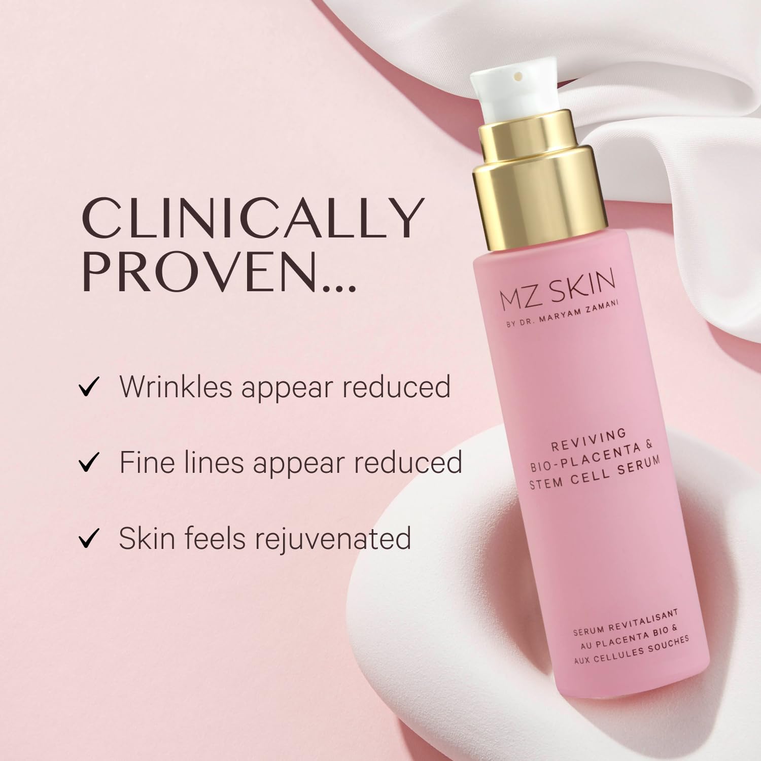 MZ SKIN Reviving Bio-Placenta & Stem Cell Serum 1.69 fl oz | Night Treatment with Peptides, Squalane & Hyaluronic Acid