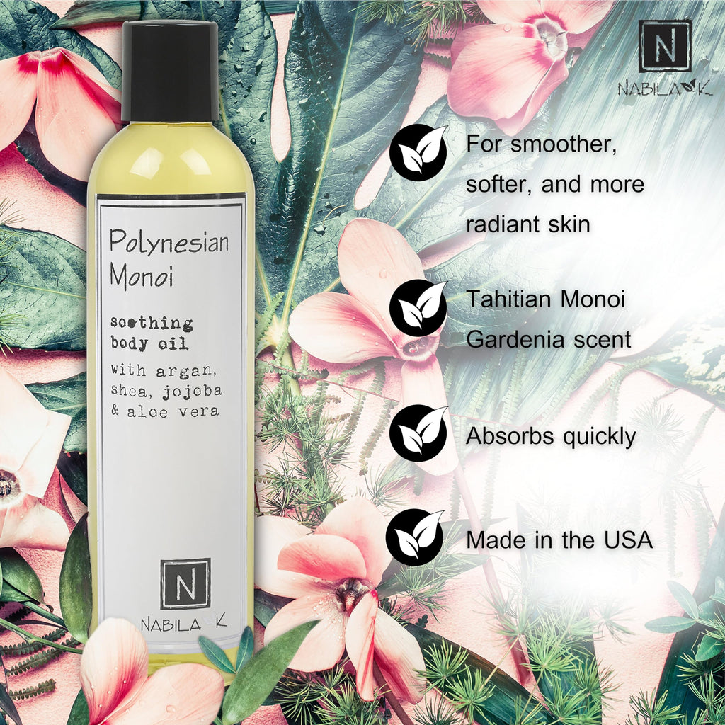 Nabila K Polynesian Monoi Body Oil – 9 oz with Argan & Coconut, Vitamin C Enriched, Vegan-Friendly