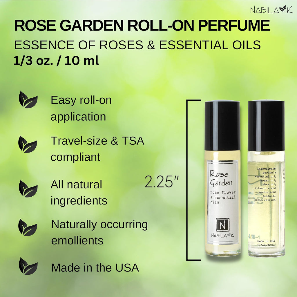 Nabila K Rose Garden Roll-On Perfume – Alcohol-Free, Organic Rose Essential Oil, TSA-Approved 0.33 oz / 10 ml