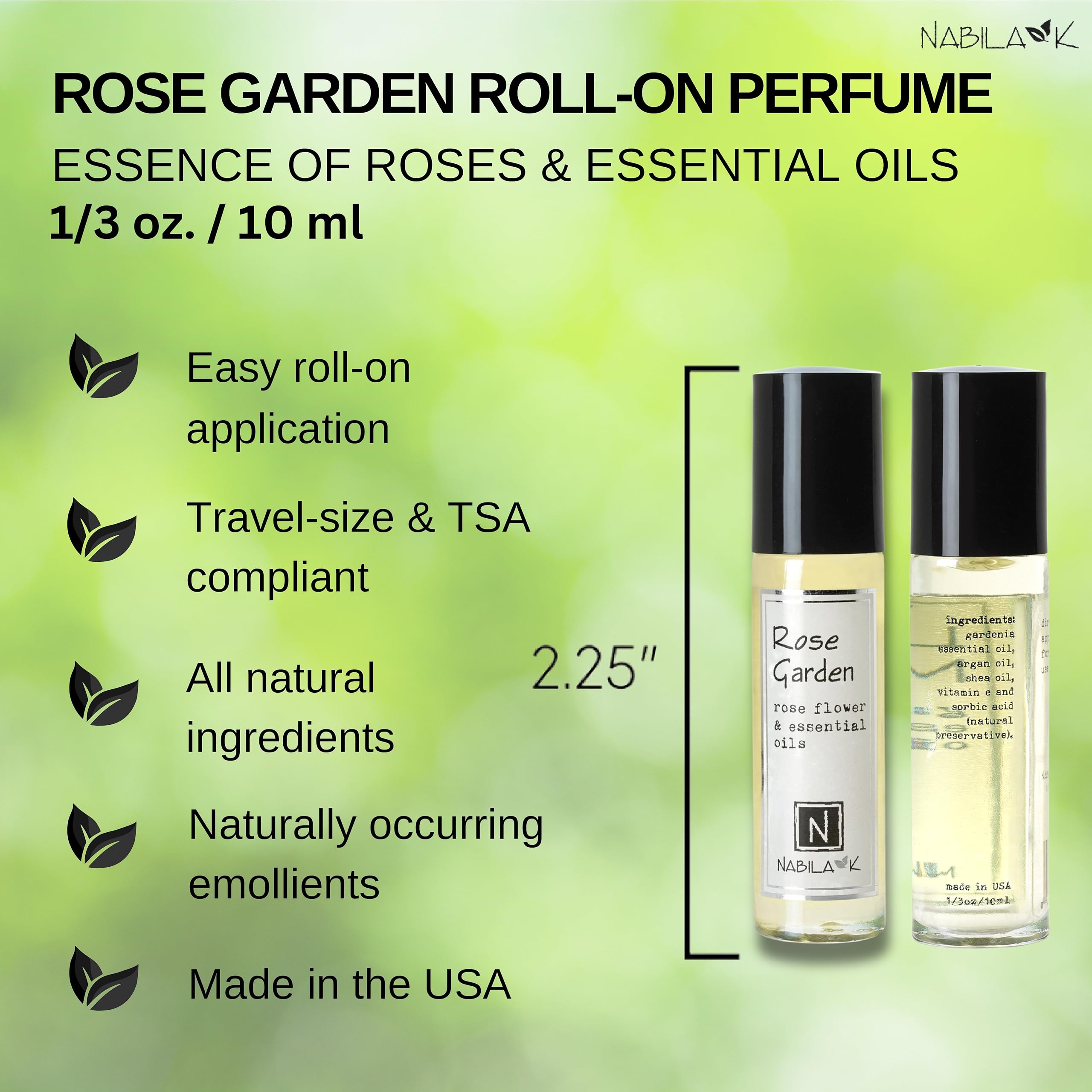 Nabila K Rose Garden Roll-On Perfume – Alcohol-Free, Organic Rose Essential Oil, TSA-Approved 0.33 oz / 10 ml