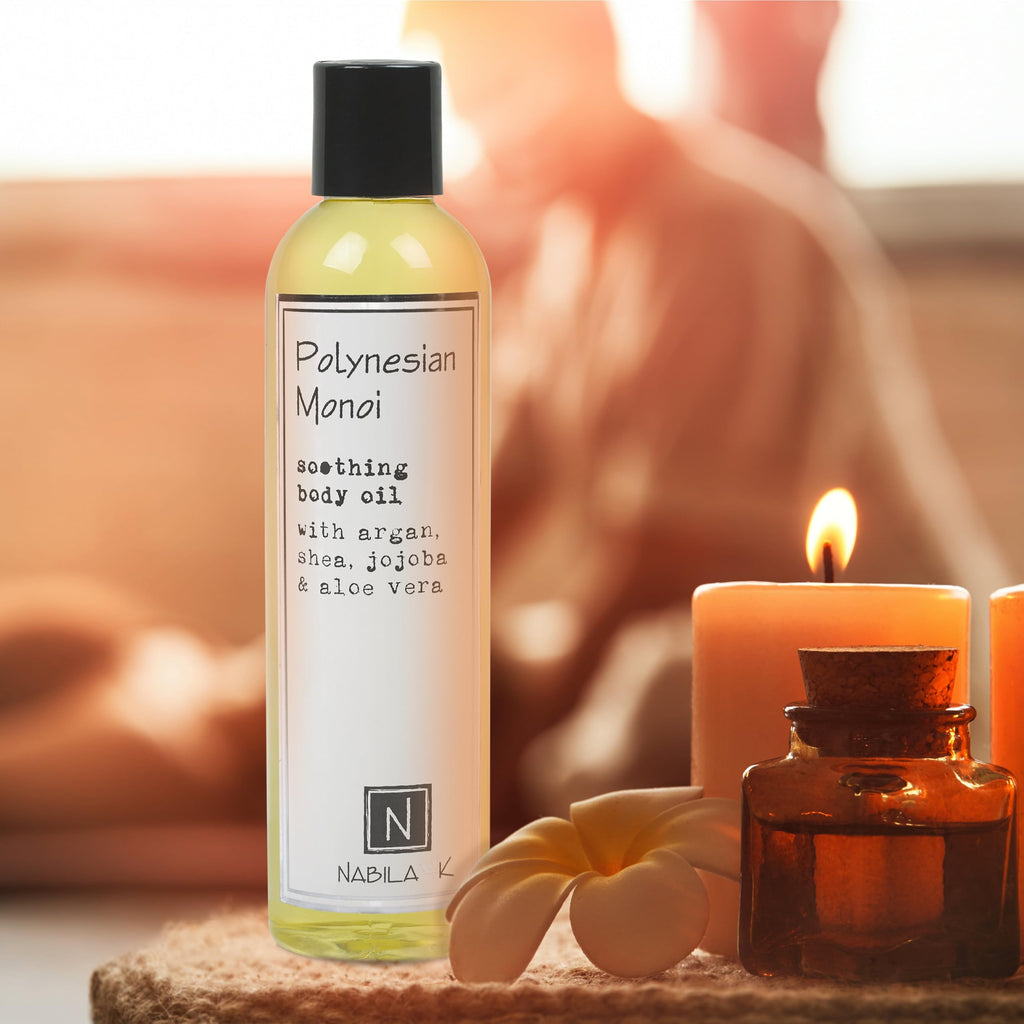 Nabila K Polynesian Monoi Body Oil – 9 oz with Argan & Coconut, Vitamin C Enriched, Vegan-Friendly