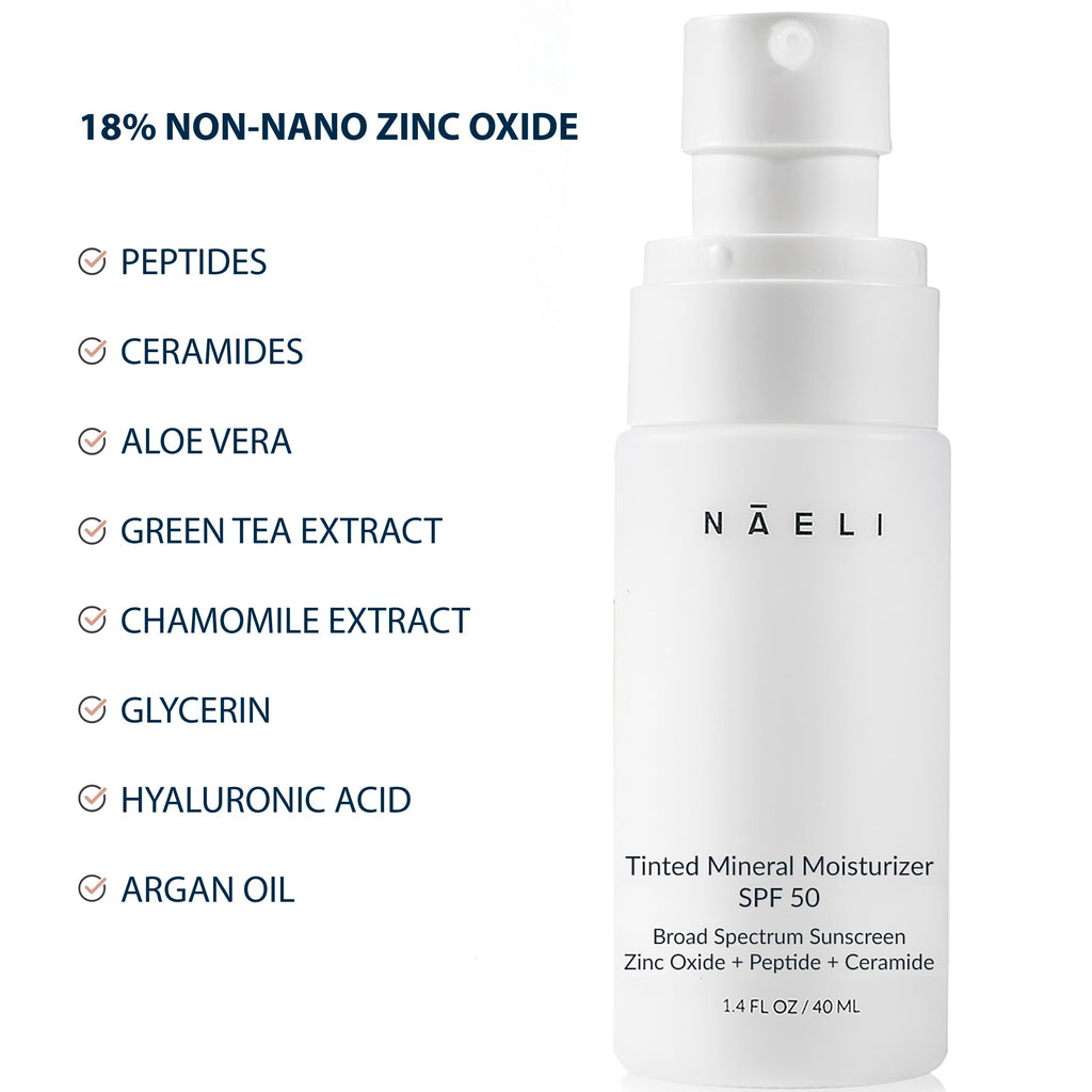 NAELI Anti-Aging Tinted Moisturizer SPF 50 – Mineral Sunscreen with Zinc Oxide, Peptides & Ceramides